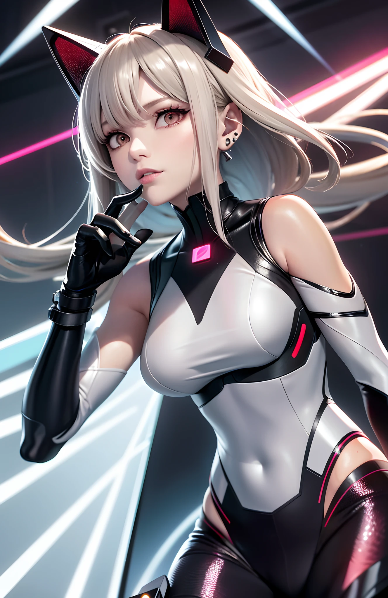 optimum,tmasterpiece,A high resolution,best qualtiy,hyper HD,super detailing,Award-Awarded,16k,独奏,(The upper part of the body),anatomy correct,Beautiful cyberpunk girl,cute face,,Gradient Beige Hair,Hairline,((Scarlet eyes)),long eyelasher,Hanging eye corners,White skin of the,(small boobs),(Slim body),((Women's extra short shawl jacket)),((bikesuit)),ear studs,(neck rings),(Laser material clothing:1.2)