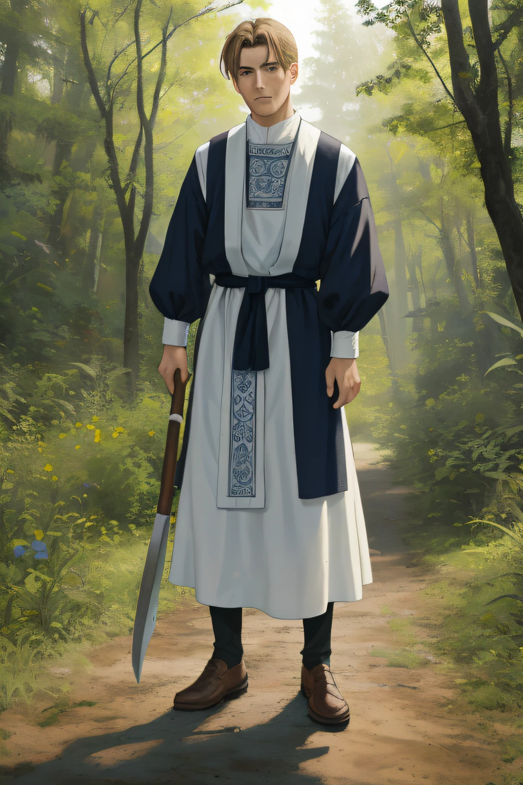 NSFW, obra-prima, melhor qualidade, ultra-detalhado, semi-realista, detailedfacialfeatures, 1homem,wearing old German peasant clothes,cabelos vermelhos curtos , olhos azuis,roupa velha,masculo,bonito,10th century ,Standing in the forest with an axe in his hands