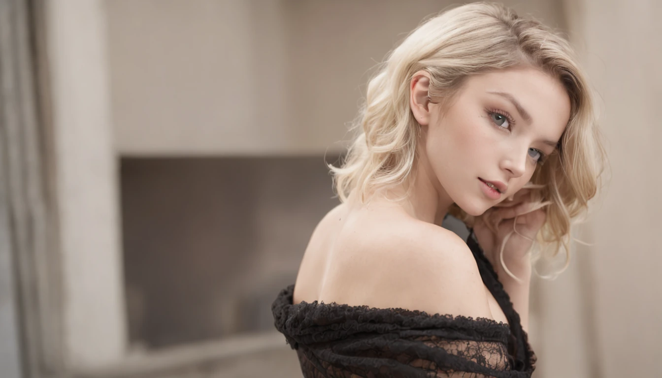 a sexy girl ((naked))(( with short wavy blond hair)) (in front a computer monitor typing at the keyboard) ((( black short robe very very transparent)))((with black fishnet stockings))