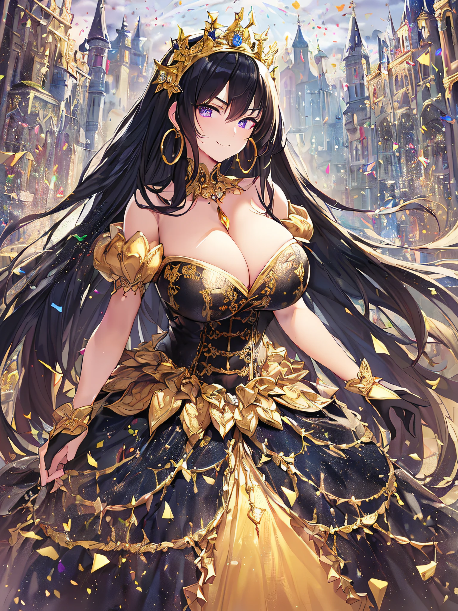 ((anime artstyle)),(Masterpiece),(Best Quality), (Super Detail),((Very Delicate and Beautiful)),(((Solo))),((full body portrait)),((1 arrogant queen in gorgeous black and gold rococo princess ballgown with voluminous full length hoop skirt and gorgeousfull embroidery),((crinoline)),gold trim,Long train,(dominant pose,dominant facial expression),(arrogant,haughty),((arrogant smile,haughty smile)),Sharp eyes,((standing in the square of the castle town,festival)),confetti,sunlight,((outdoor)),medieval main street,gorgeous gemstone jewelry,detailed face and eyes,jewel-like eyes,Purple eyes,(Bangs between eyes),((large amount of straight hair,extremely Long voluminous black Hair)),((gigantic tits,Long tits)),gorgeousfull embroidery,cleavage,extremely gorgeousfull hair ornament,(bling-bling extremely gorgeousfull jeweled tiara),gorgeous corsage,(Dynamic Angle),(Blue sky:0.7),Looking at viewer,confetti flowing,((gorgeous black and gold rococo princess ballgown with voluminous full length hoop skirt and gorgeousfull embroidery))