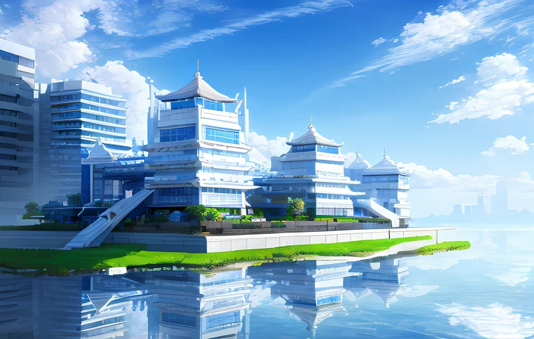 16K,Super detailed details,Future theme,ultra-realistic realism,Archimedes perfect geometry row white building,The main withers blue-white,It contains a bit of traditional Chinese architectural features,Large area of water light,With 5%cyber punk style。A4 type paper size
