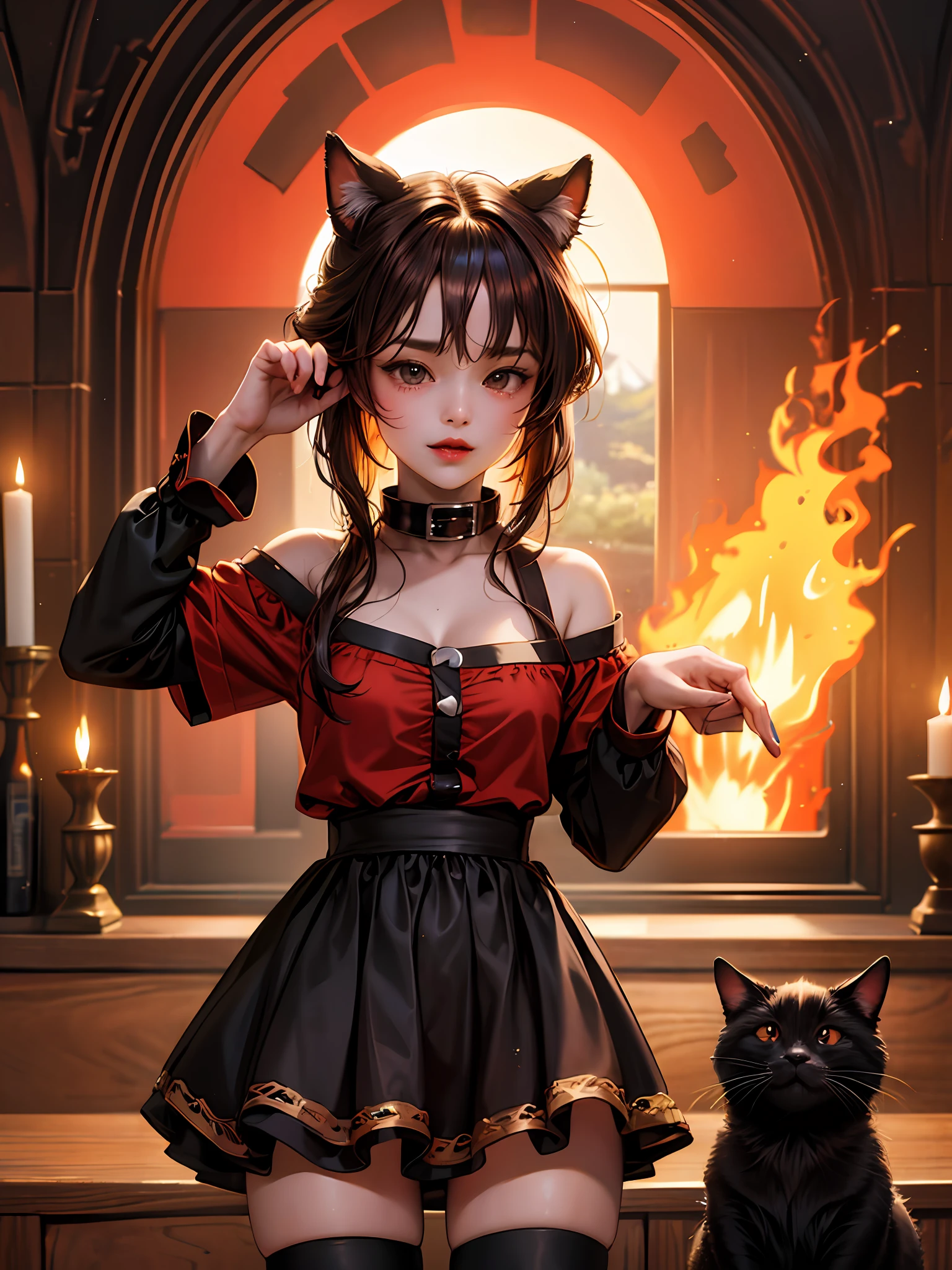 (absurdres, highres, ultra detailed, HDR), masterpiece, best quality, legend of mana konosuba megumin the fire sorcerer beside black cat chomusuke inside the town of domina