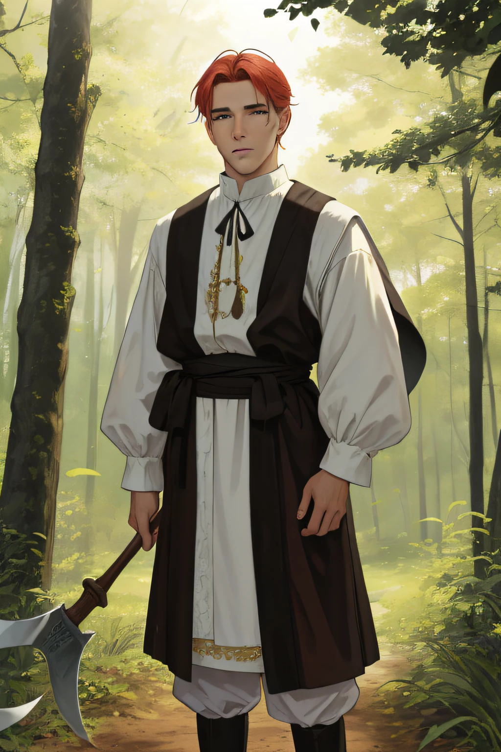 NSFW, obra-prima, melhor qualidade, ultra-detalhado, semi-realista, detailedfacialfeatures, 1homem,wearing old German peasant clothes,cabelos vermelhos curtos , olhos azuis,roupa velha,masculo,bonito,10th century ,Standing in the forest with an axe in his hands