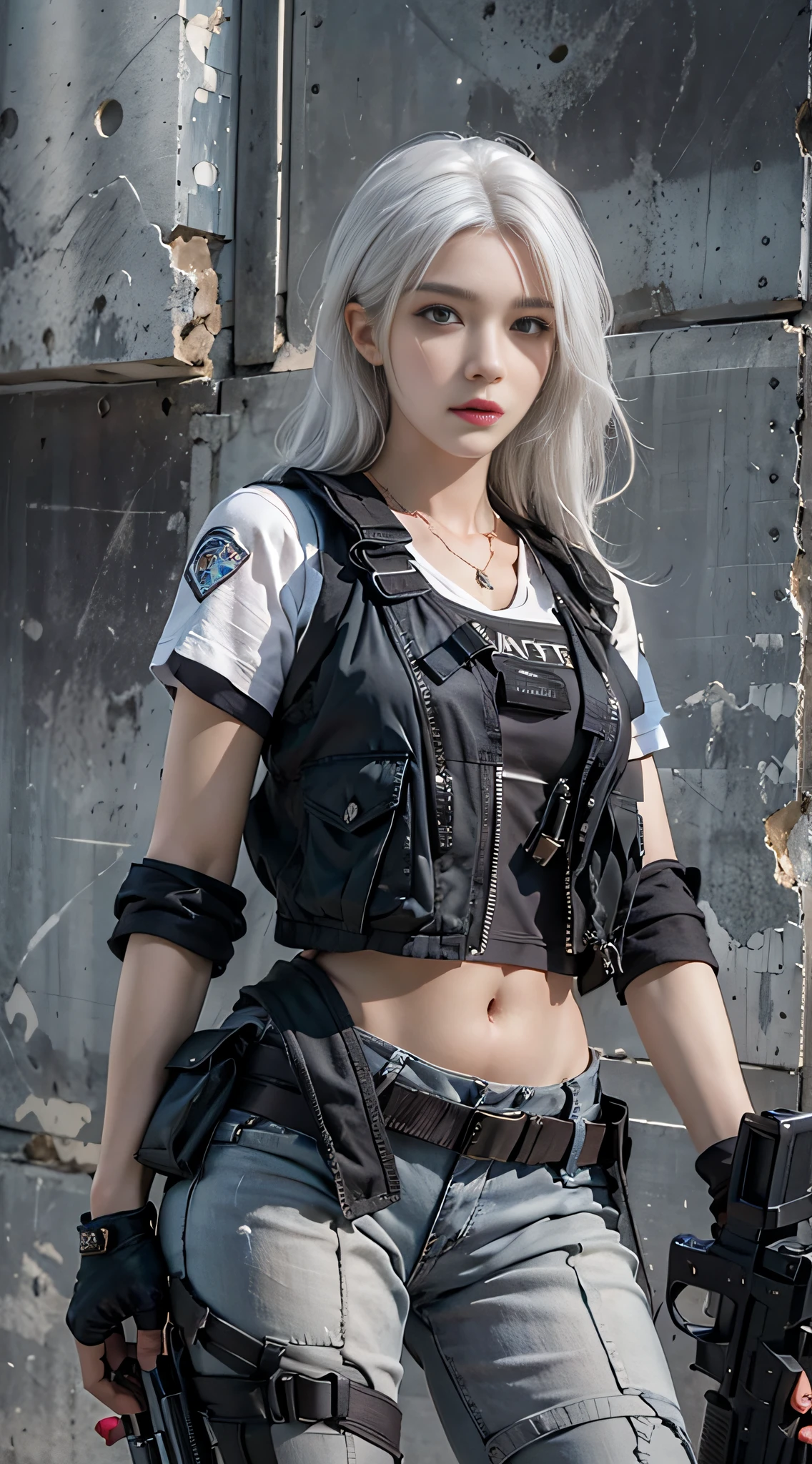 Photorealistic, high resolution, 1womanl, Solo, Hips up, view the viewer, (Detailed face), White hair, SWAT vests, Gun, jewelry