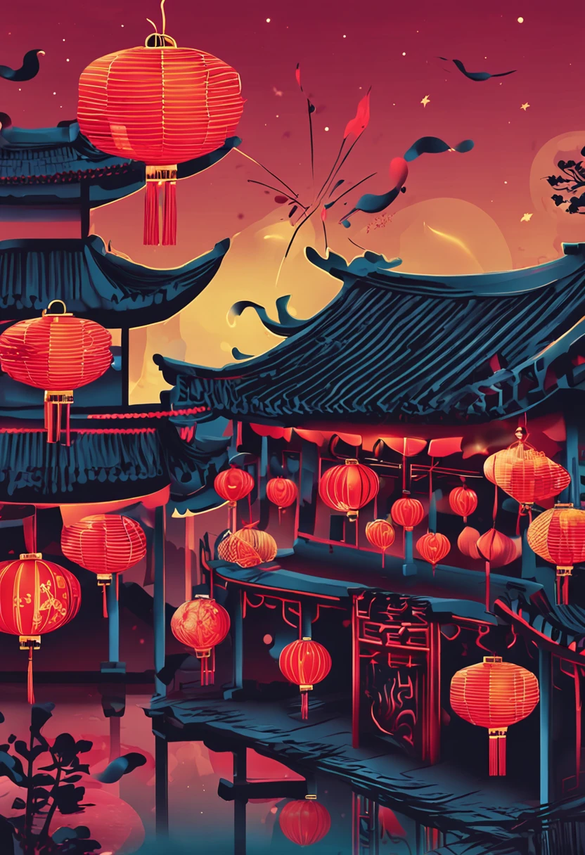 New Year，Chinese-style town，nigh sky，Decorations，Chinese lanterns are hung，fire works