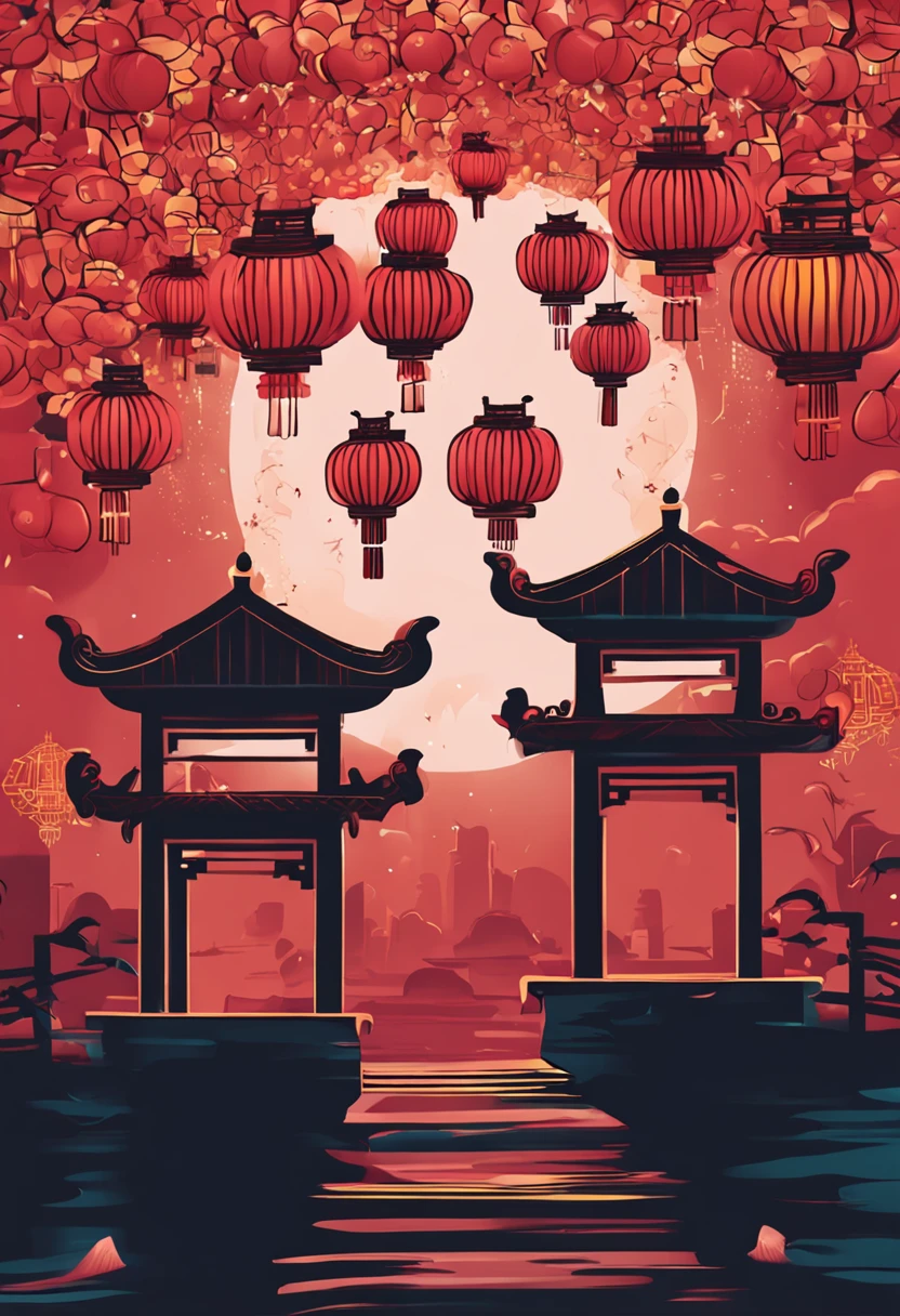 New Year,Chinese-style town,nigh sky,Decorations,Chinese lanterns are hung,fire works