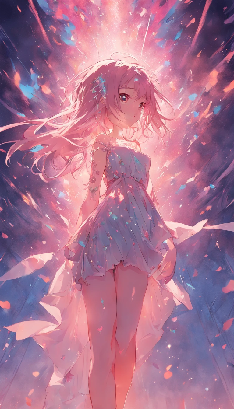 best qualtiy,tmasterpiece,K HD,1girll,(Full body photo,erect through), Nice face,(slim,Raised sexy),cold and glamorous,cropped shoulders,nabel,cabelos preto e longos,hair adornments,(Slender Leg,cross leg), Cyan Pink Tulle Dress,Ancient Oriental,Beautiful age girl,Etheric dreams,beautiful goddess,Detailed scene, Eye-catching accessories, painting-like, ((From below))