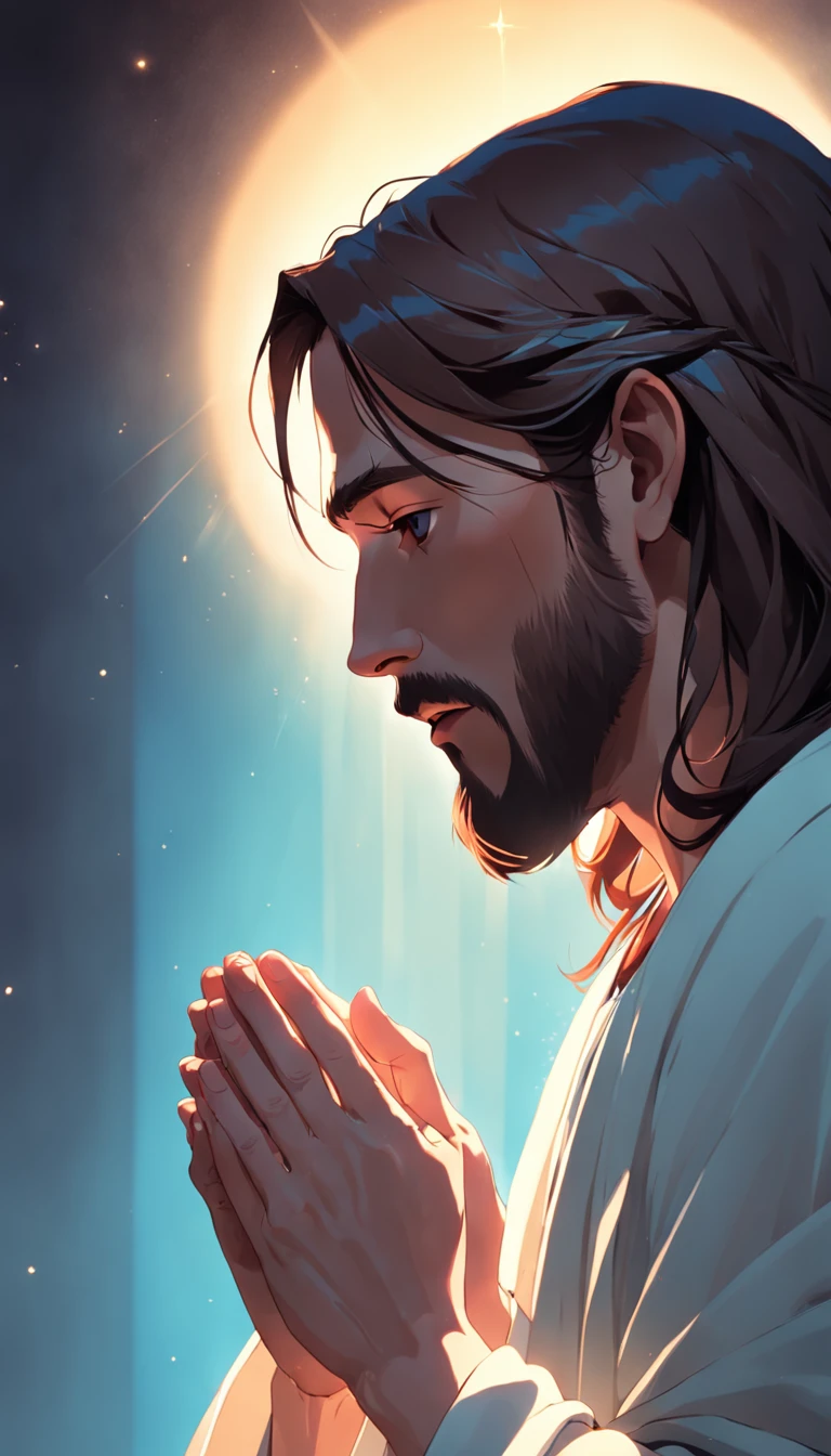 "Create an image of Jesus in profile, depicted in the act of prayer with hands clasped together."