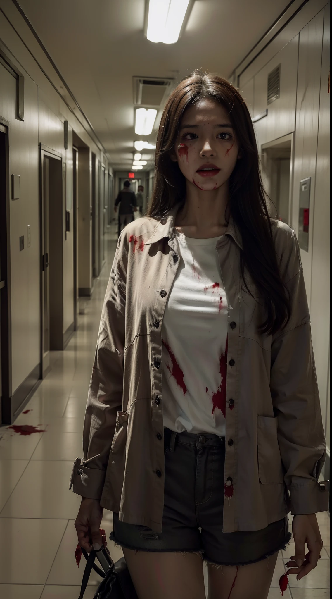 k hd，Kizi，Bloody face，bloodstained clothes，wounded，zombie，nurse's outfit，an empty hallway，hospitals，bite mark，Scratched clothes，Damaged clothes，messy  hair，Bare legged，Open-mouthed