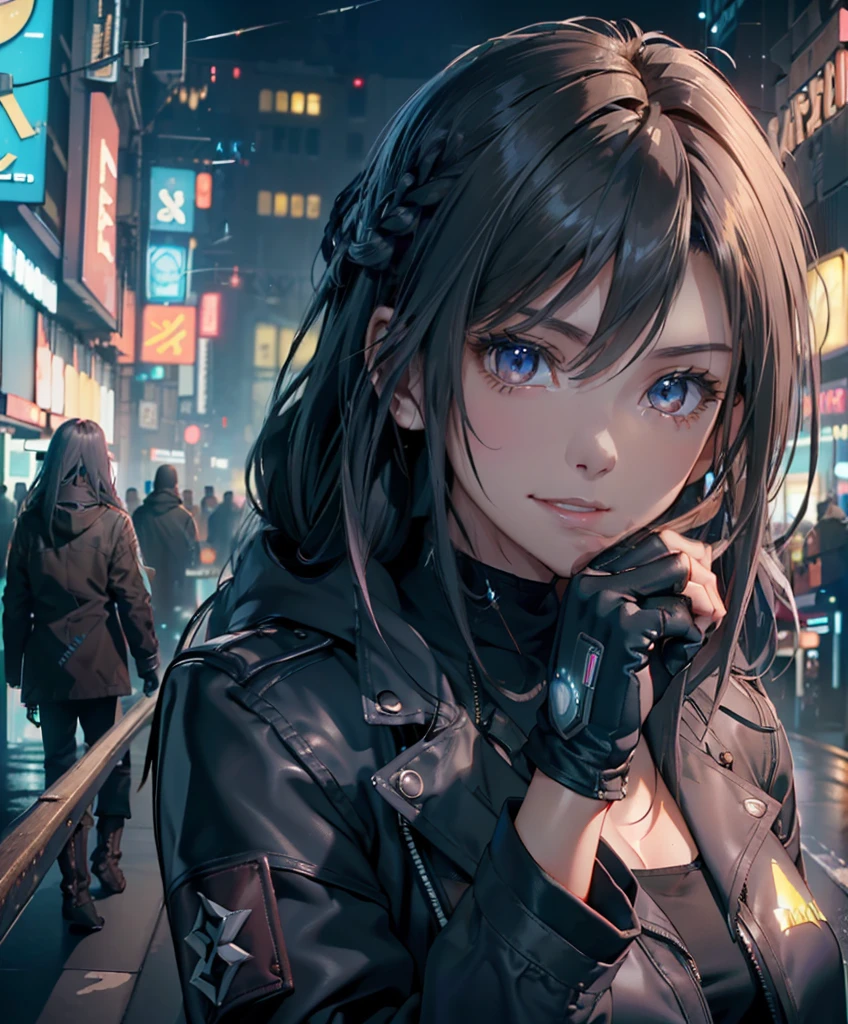 (8K、top-quality: 1.4、tmasterpiece、 hyper HD、 Top resolution、The is very detailed、 profesional lighting、Perspective from above、Detailed street view illuminated by neon lights (Cyberpunk:1.4) Big City、Towering buildings、Futuristic technology、NFFSW (HighDynamicRange)、on the roof of the building、独奏、Fluttering hair、Beautuful Women、Brown-skinned、a small face、Turquoise eyes、hason、young 17 years old、Bright smile、half-open mouth、White teeth are visible、(Asymmetrical bangs、Long gray hair、hair on one eye、Braided side、Disheveled hair)、(Ultra-thin cargo、Military、Army coat jacket、Parka、Hand gloves、Long boots)、(Fine fingers、detailed arms、human hand)、(Detailed face)
