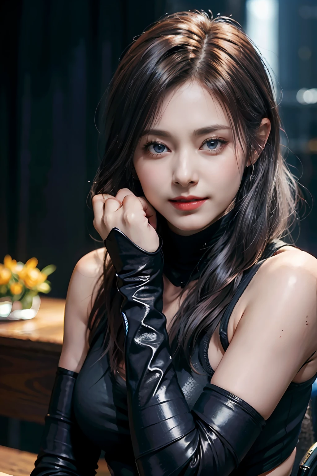 (8K, Top Quality, Masterpiece: 1.2), (Realistic, Photorealistic: 1.37), Ultra HD, Final Fantasy VII Remake's Tifa Lockhart sitting on a date in a highly detailed café in a cityscape A detailed portrait with beautiful detailed eyes and a blushing nose that makes you look cute and solo. She wears single elbow pads, ankle boots, a black skirt, black thigh-highs, red boots, and elbow gloves, elbow pads, and fingerless gloves. Her outfit includes a sports bra, suspender skirt, thigh highs, and a white tank top. The full body is visible with the head resting on the hand, revealing a pretty face, long hair tied low, and lips. The scene is lit with professional lighting, photon mapping and radiosity, creating a cyberfuturistic atmosphere in the style of Tetsuya Nomura. The background features yellow flowers and a bokeh effect. Tifa smiled a little and closed her mouth.