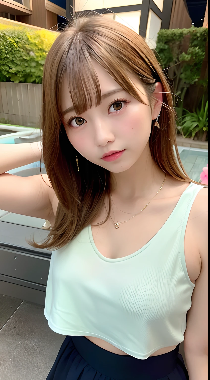 8K RAW Photos、hight resolution、bustup、abdominals、rib、pretty bright blonde hair、Short tank top、skirt by the、Poolside at night school、Poolside bench at night、Beautiful Japan at 22 years old、with round face、Very small lips、Round shape big breasts、valley、beautiful eyes finely detailed、long eyeslashes、Beautiful double eyelids、Sanpaku eyes、Duck mouth、blunt bangs、Okappa、耳Nipple Ring、a necklace、random facial expression、maikurobikini、full bodyesbian