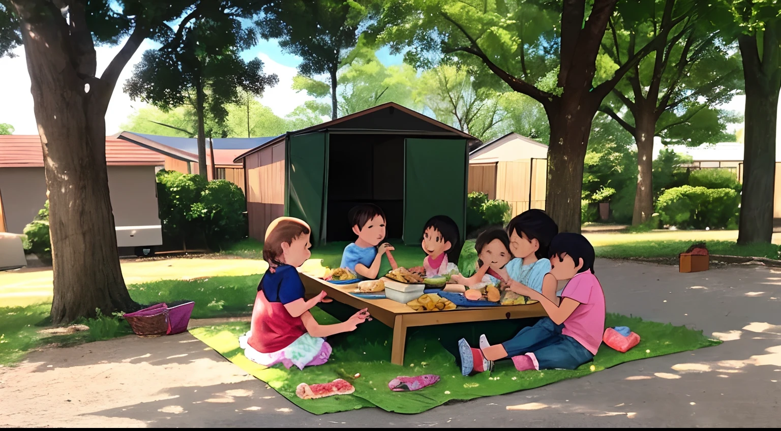 several children sitting on the ground eating food from a box, having a picnic, help me, 😭 🤮 💕 🎀, kids playing, eating outside, having a good time, kids, people outside eating meals, kid, kids talking to fruit people, forest picnic, having a snack, competition winning, picnic, having a great time, yummy
