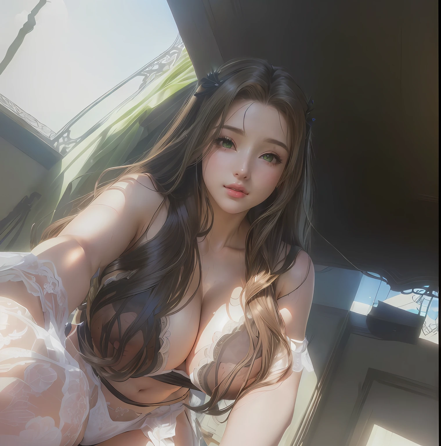 ((Aerith gainsborough)), masterpiece, best quality, 12k resolution, hyper detailed curvy body, huge breasts, wide hips (hyper detailed face), full pouty lips, ((solo)) female focus, long brown hair, green eyes,, trending on artstation