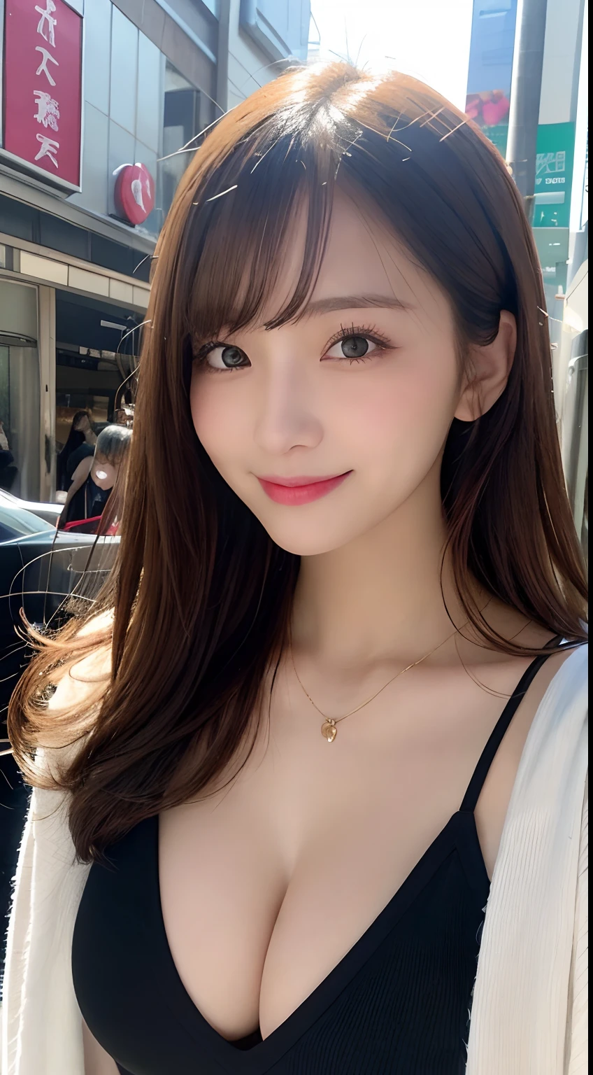masutepiece, Best Quality, Illustration, Ultra-detailed, finely detail, hight resolution, 8K Wallpaper, Perfect dynamic composition, Beautiful detailed eyes, Women's Summer Clothes,Medium Hair, Big breasts, Natural Color Lip, Bold sexy poses,Smile,Harajuku、20 years girl、Cute、Sexy shot looking at camera