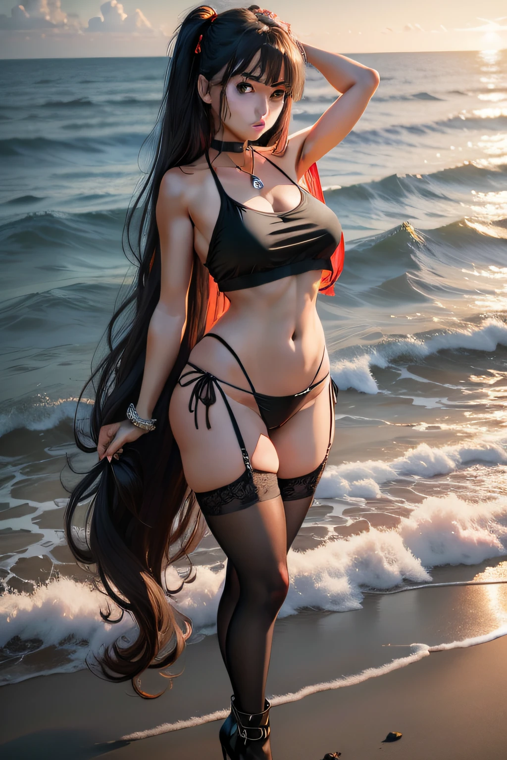 masterpiece, best quality, in autumn, in the ocean, sunset, huge_filesize, gyaru, milf, long hair, black hair, hair beads, aqua eyes, brown eyes, small breasts, tank_top, crop top, black kneehighs, black garter straps, high heels, ribbon_choker, stretch,