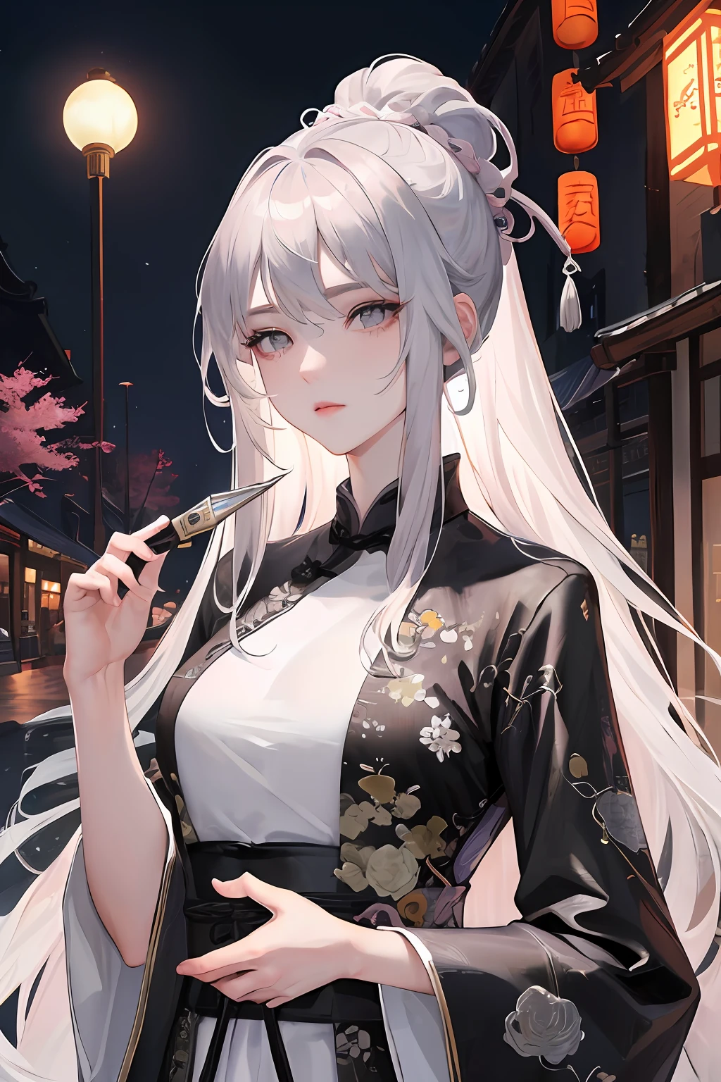 Masterpiece, Best quality, Night, full moon, 1 girl, Mature woman, Chinese style, Ancient China, sister, Royal Sister, Cold expression, Expressionless face, Silver white long haired woman, Light pink lips, calm, Intellectual, tribelt, Gray pupils, assassins, short knife, flower ball background, Stroll through the street view