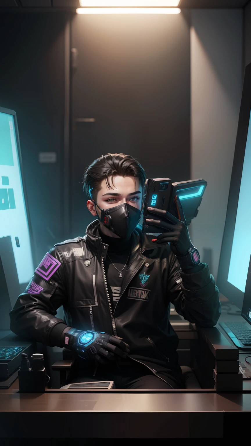 Change background cyberpunk handsome boy realistic face mask for kids boys 8k