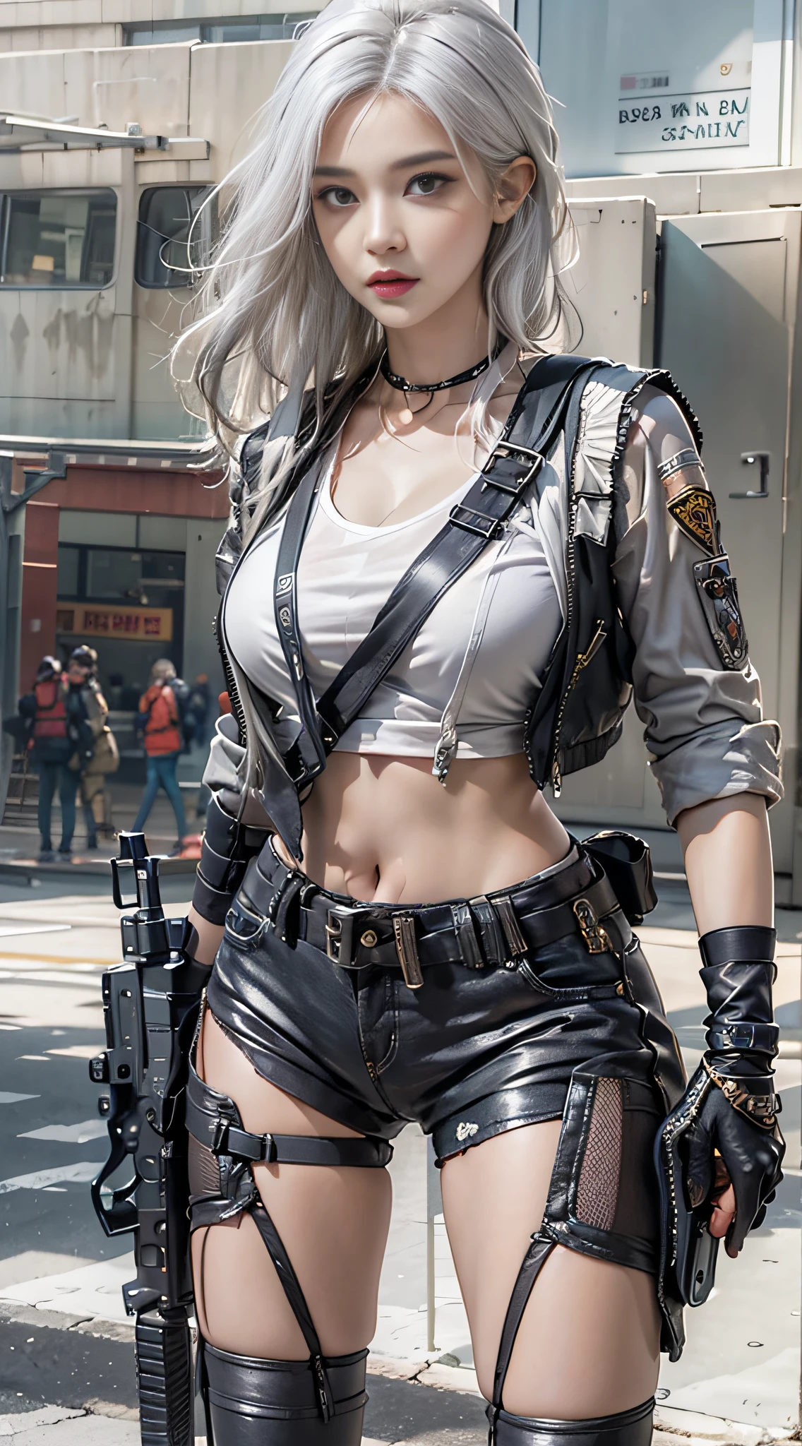Photorealistic, high resolution, 1womanl, Solo, Hips up, view the viewer, (Detailed face), White hair, SWAT vests, Gun, jewelry