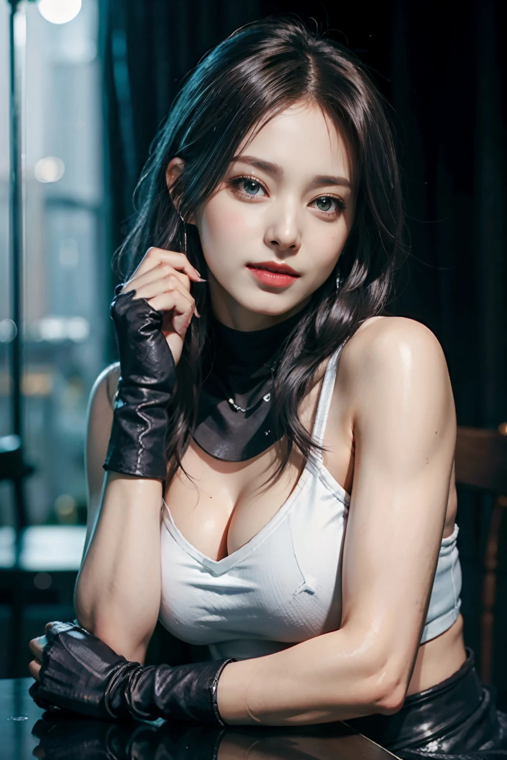 (8K, Top Quality, Masterpiece: 1.2), (Realistic, Photorealistic: 1.37), Ultra HD, Final Fantasy VII Remake's Tifa Lockhart sitting on a date in a highly detailed café in a cityscape A detailed portrait with beautiful detailed eyes and a blushing nose that makes you look cute and solo. She wears single elbow pads, ankle boots, a black skirt, black thigh-highs, red boots, and elbow gloves, elbow pads, and fingerless gloves. Her outfit includes a sports bra, suspender skirt, thigh highs, and a white tank top. The full body is visible with the head resting on the hand, revealing a pretty face, long hair tied low, and lips. The scene is lit with professional lighting, photon mapping and radiosity, creating a cyberfuturistic atmosphere in the style of Tetsuya Nomura. The background features yellow flowers and a bokeh effect. Tifa smiled a little and closed her mouth.