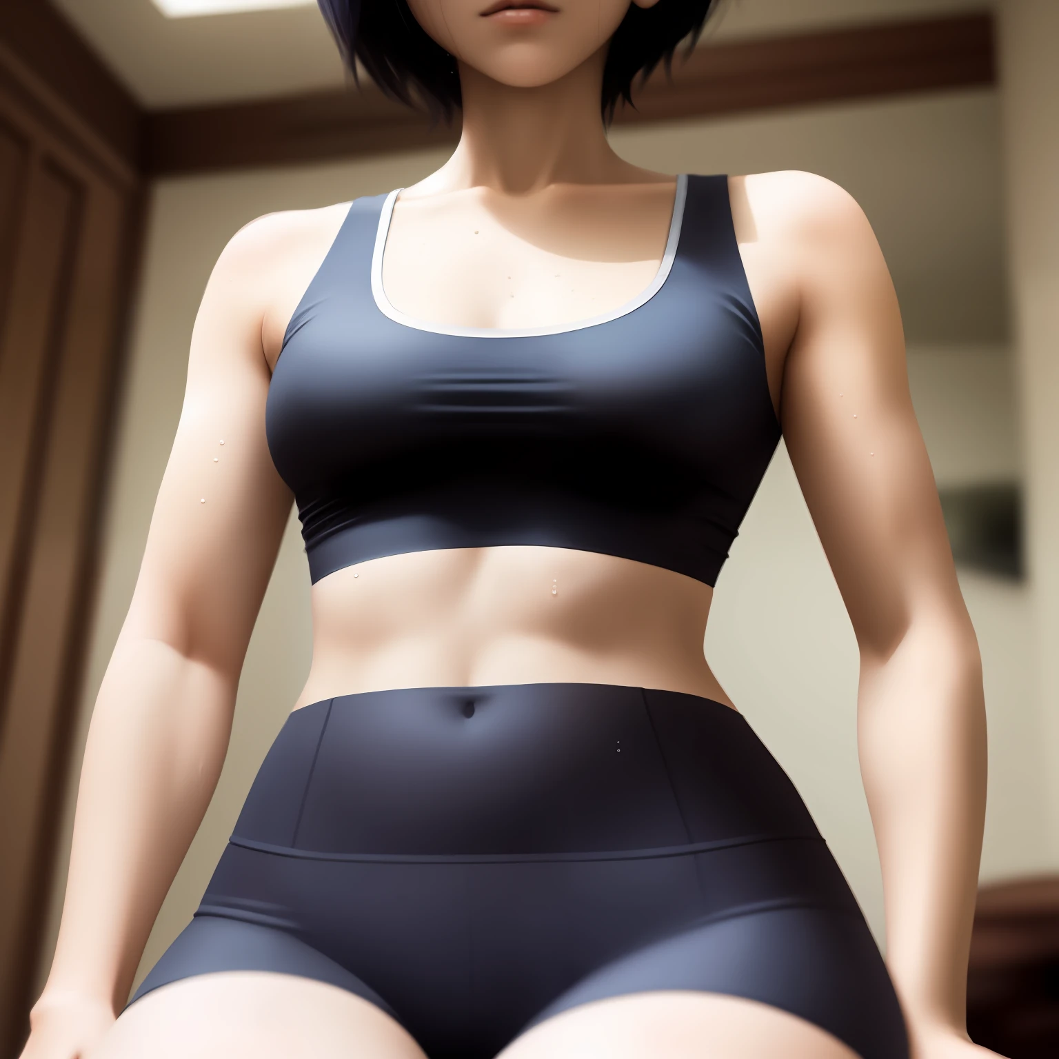 Short hair, tomboy with medium chest,Wear intimate clothing,Sweaty black skin