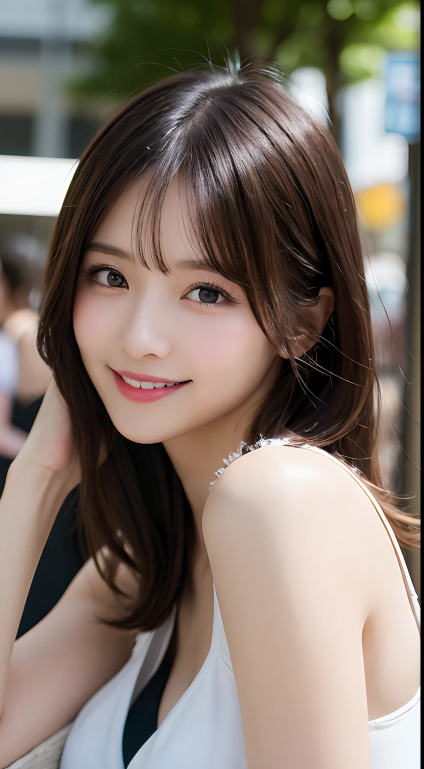 masutepiece, Best Quality, Illustration, Ultra-detailed, finely detail, hight resolution, 8K Wallpaper, Perfect dynamic composition, Beautiful detailed eyes, Women's Fashion,Medium Hair,Small breasts natural color lip, Bold sexy poses,Smile,Harajuku、20 years girl、Cute、Sexy shot looking at camera、the kiss