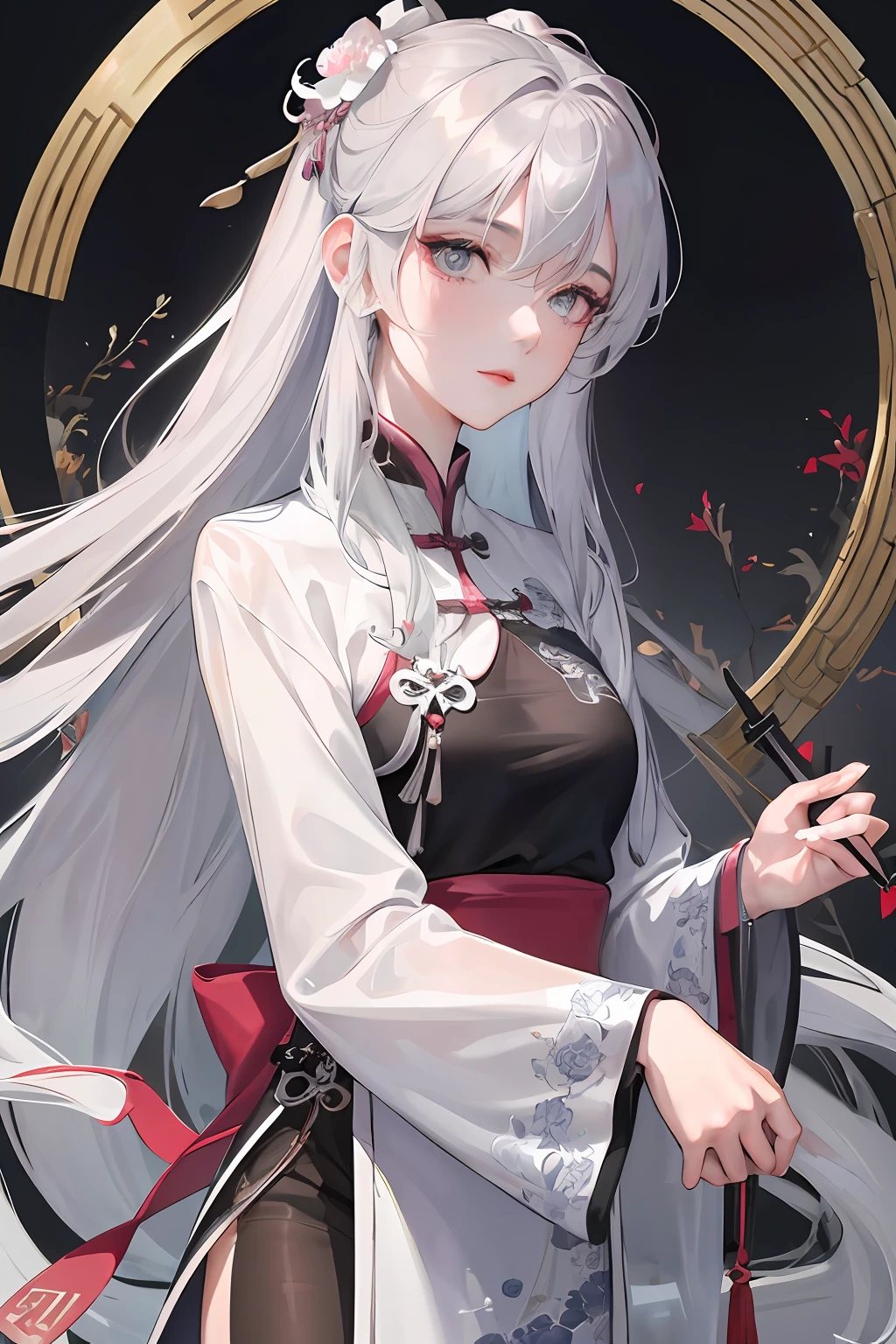 1girl, (hanfu), sidelighting, wallpaper, masterpiece, superlative, finger detail, night, outdoor, rainy day, branches, chinese style, ancient china, 1 woman, mature woman, silver-white long-haired woman, gray-blue eyes, pale pink lips, indifferent, serious, bangs, assassin, sword, white clothes, blood, violence, death, injury, blood, facial bloodstain, massive blood, facial detail, facial detail