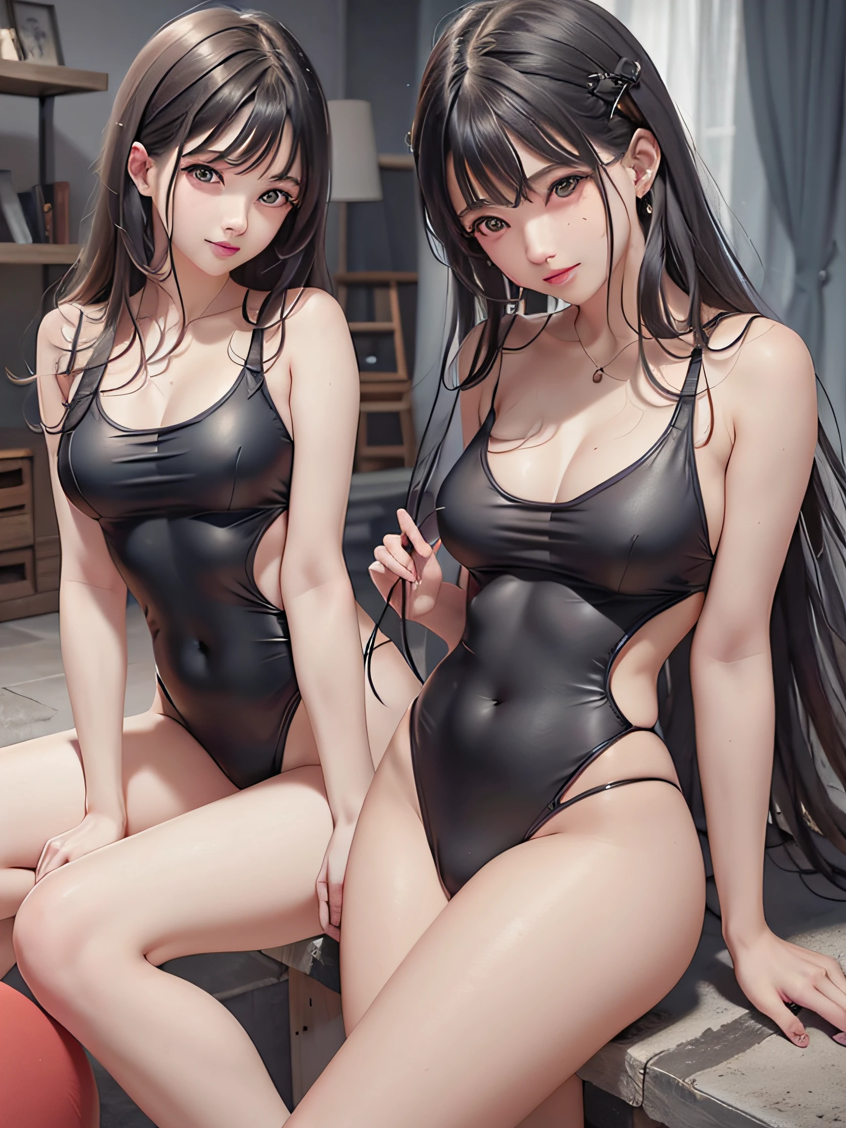 (Top quality, masterpiece: 1.2), 1girl, beautiful, cute, beautiful, style, sexy, elegant, attractive, sexy, beautiful and well-groomed face, beautiful eyes, beautiful hair, smooth skin, beautiful mouth, smooth legs, balanced body, fashionable with a change of clothes, mizuki yukikaze, hair ribbon, one pee stan, competitive swimsuit black theme