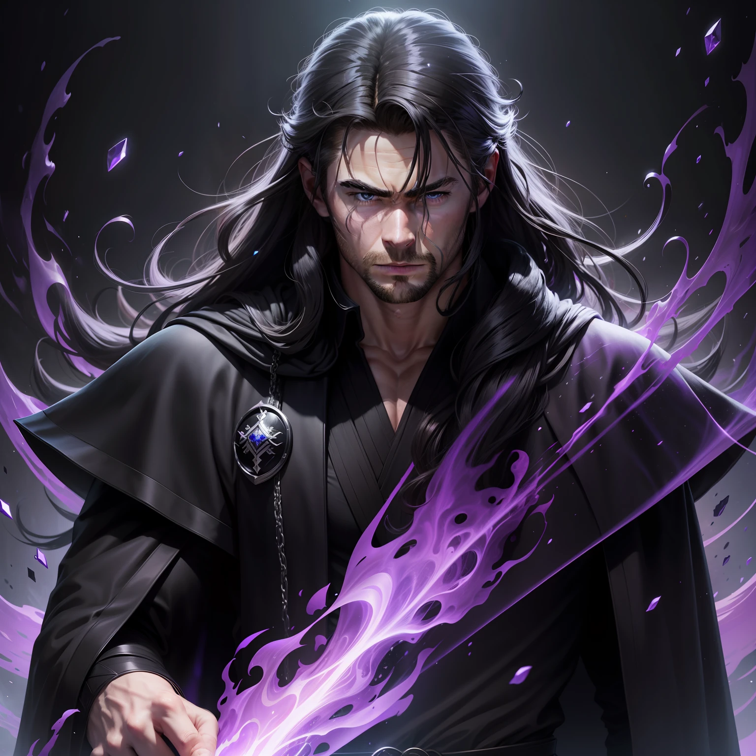 Chris Hemsworth,Black-haired man， Sub-eye， royal house， ellegance，Black robe，long white hair，Black-violet light particles， bad boy， high quality， highly detailed