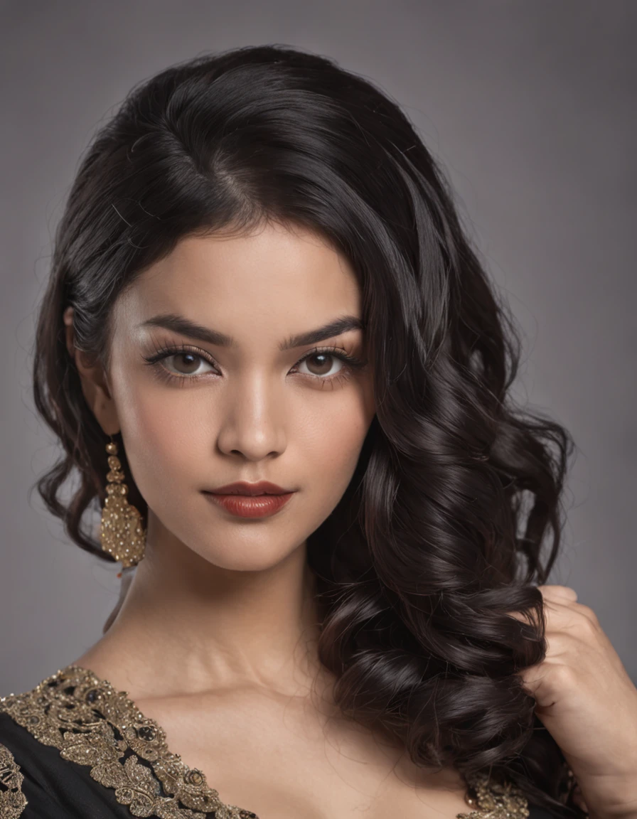 panoramic long shot of a beautiful south asian girl, looking at the viewer in a playful gaze, dynamic pose, old classic , wavy black hair, 50s pin up style, intricate, detailed, DSLR camera , 8K UHD, deep blacks, post processing, nubian nose, protruding teeth, prominent tight breast