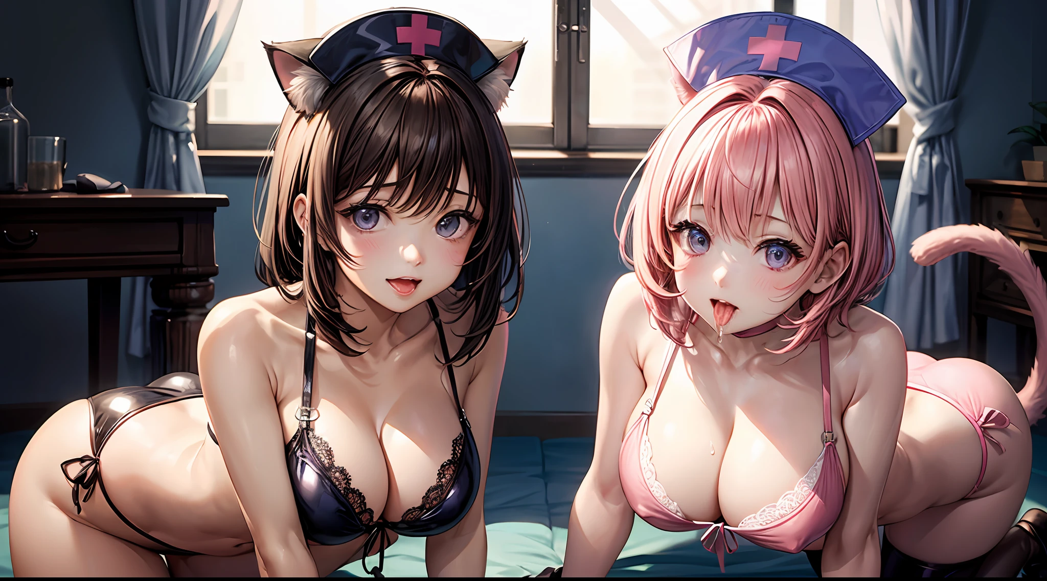 realisitic、top-quality、2girls 、Cat's ears、Nurse Cap, looking at viewer, Pink short hair , Brown medium hair , Saliva, orgasm , Purple PVC Bikini, Lace gloves、Big breasts, all-fours