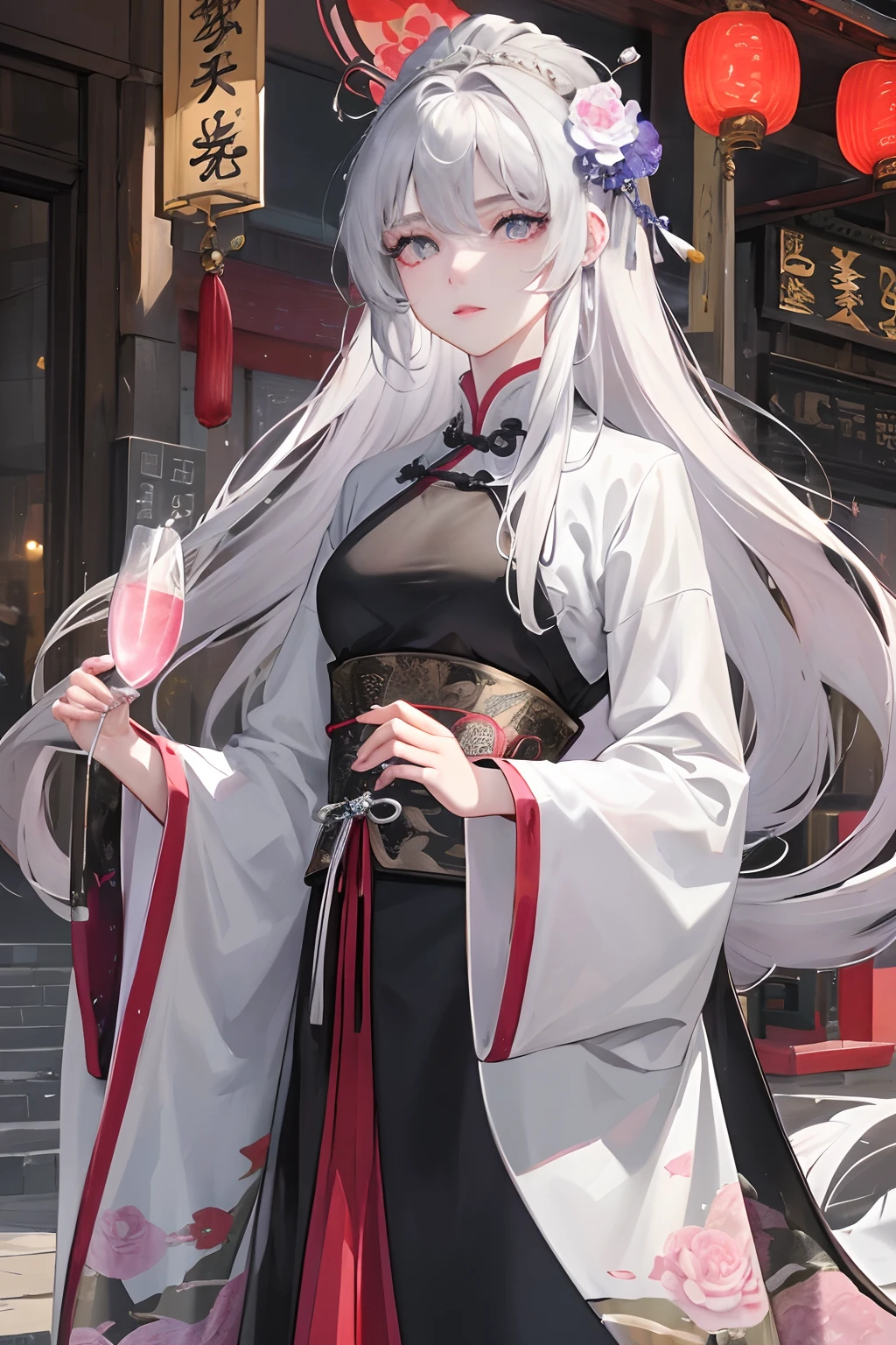 Masterpiece, Best quality, Night, full moon, 1 girl, Mature woman, Chinese style, Ancient China, sister, Royal Sister, Cold expression, Expressionless face, Silver white long haired woman, Light pink lips, calm, Intellectual, tribelt, Gray pupils, assassins, short knife, flower ball background, Stroll through the street view