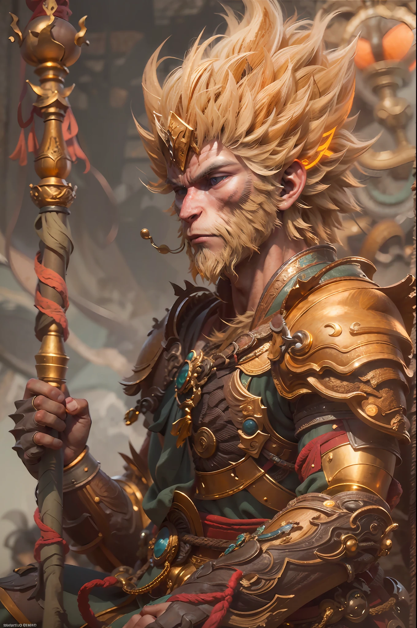 (masterpiece, best details), mythical creature, sun wukong, golden hair, wear golden circlet, wear traditional garb armor, holding staff resting on his shoulder