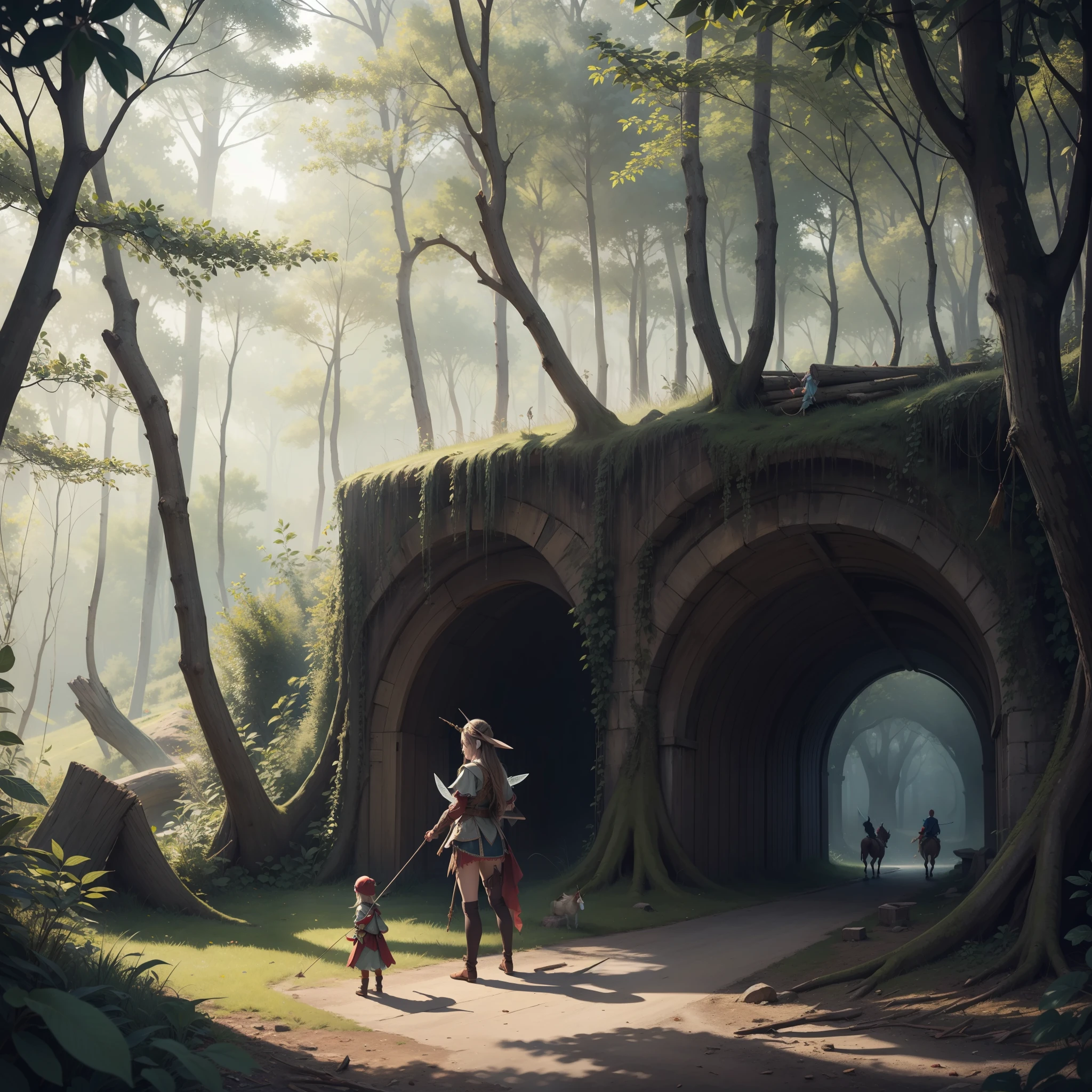 fallen wood,fantastic landscape:1.8,Elves with compound bows:1.5,Elf with a bow:1.5,arrow,flat breasts,dutch angle shot,ground-level shot,low angle,full body shot,medium shot,hunter:1.2,One unicorn:1,3, One Girl and One Fairy:1.8,Undulating lakes,deep-forest,Blowing in the wind,Has depth,(4K), (Raw photo: 1.2), (Realism: 1.4), (masutepiece: 1.3), (exquisite detailing: 1.2), Delicate and beautiful details, (Eye Detail), (Facial Detailed), (Highest Quality) :1.4), (Hyper-Resolution: 1.2),(very detailed illustration), Best Quality, depth of fields, Wide light, natural shadows