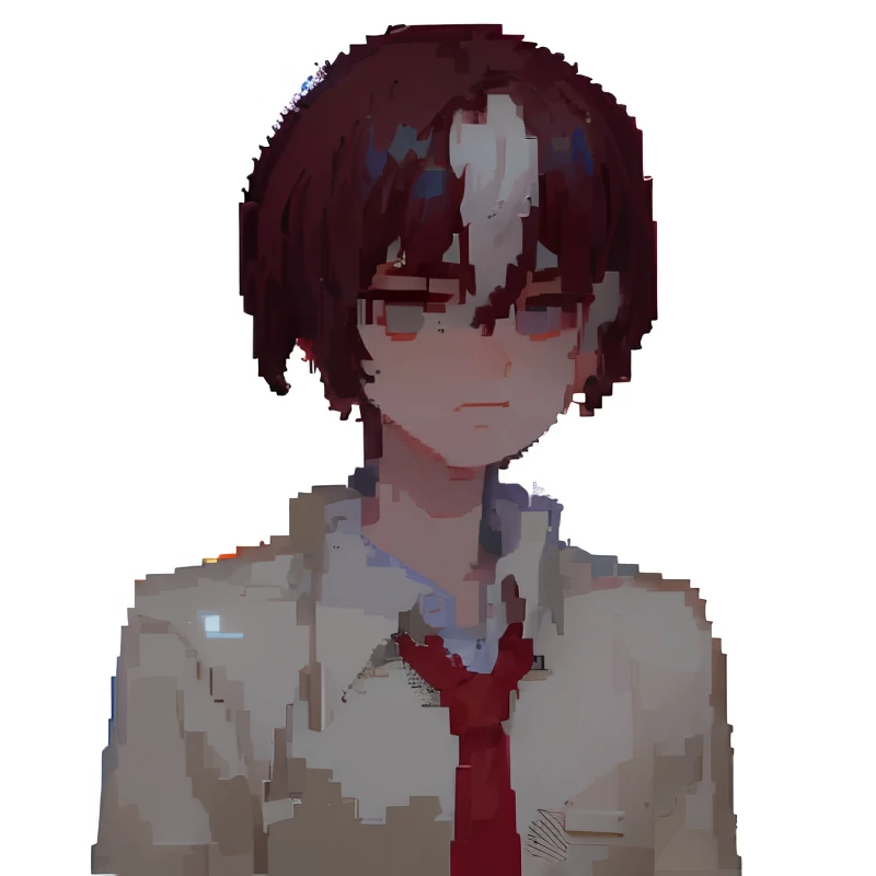 ((The style of pixel art)), pix, 4-bit pixel art, ，Close-up, Face only, Pixel official art,Simple background, Gray background, Ultra-fine pixel art，Red and white hair，Pick dyeing，red color eyes，red necktie，校服