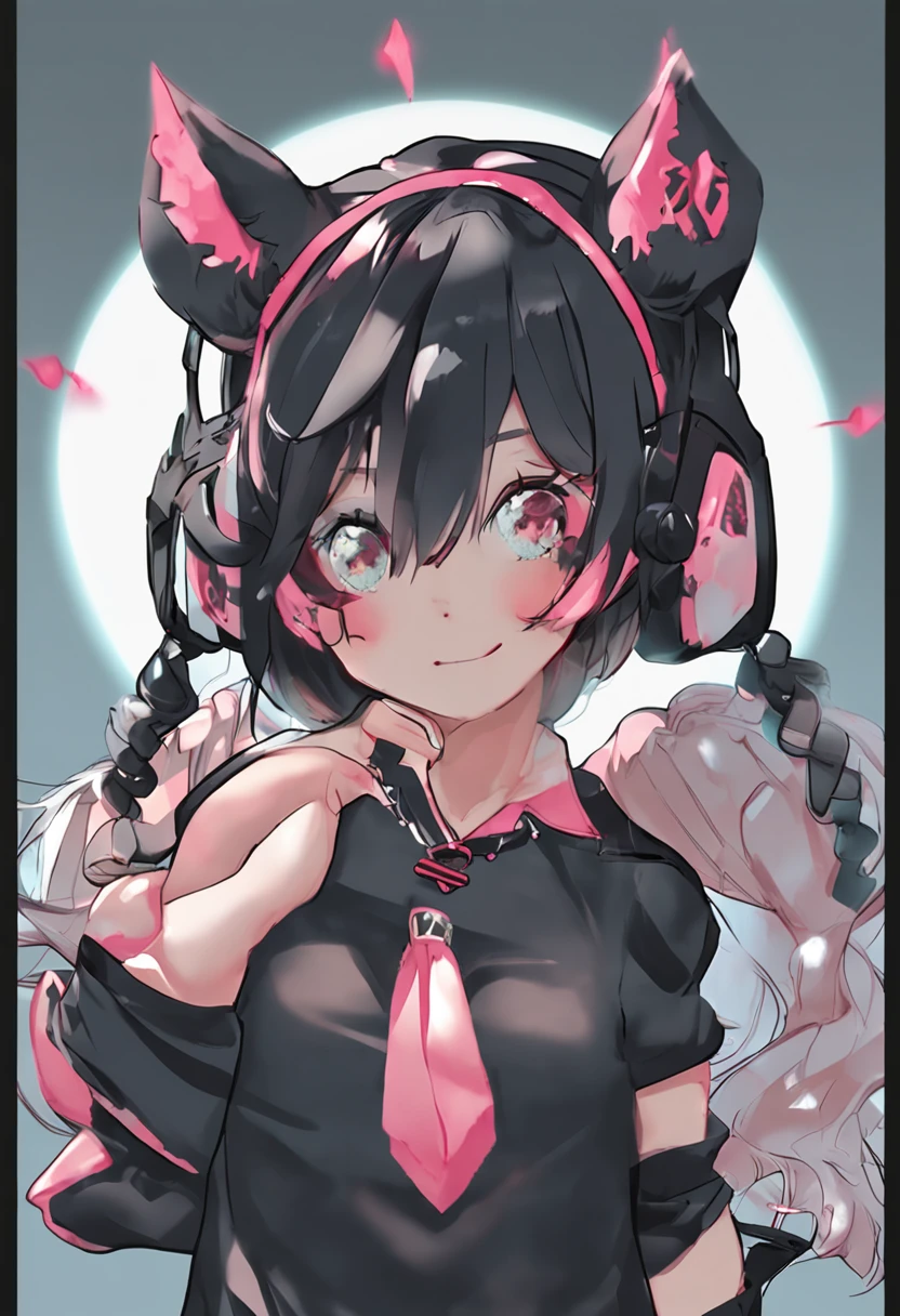 black hair, hair bobbles, wince, longeyelashes, solid circle eyes, fake animal ears, light smile, ear blush, fang, Surrealism, drop shadow, anaglyph, stereogram, tachi-e, pov, atmospheric perspective, 8k, super detail, ccurate, best quality