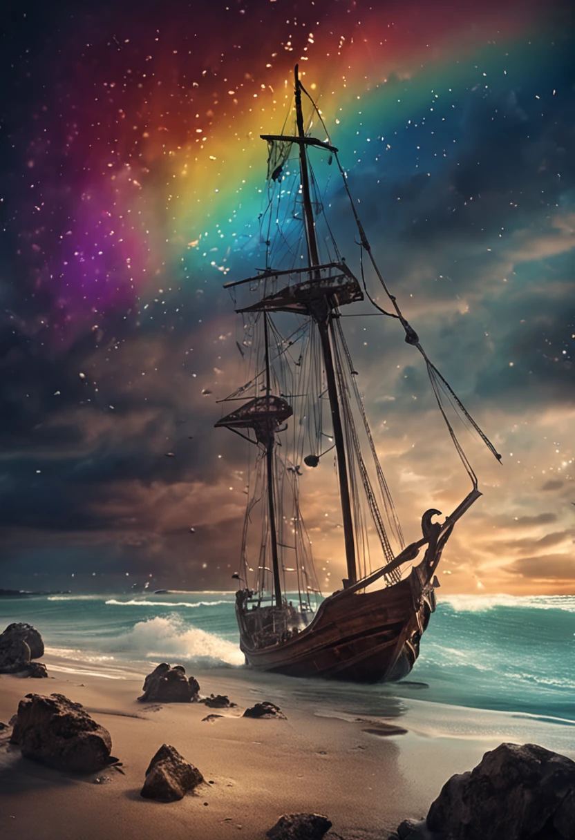 un barco, con bandera pirata, Sailing in a sea of fantastic creatures, en medio de una tempestad, 4k, iluminacion de sobras y luces, fotografia