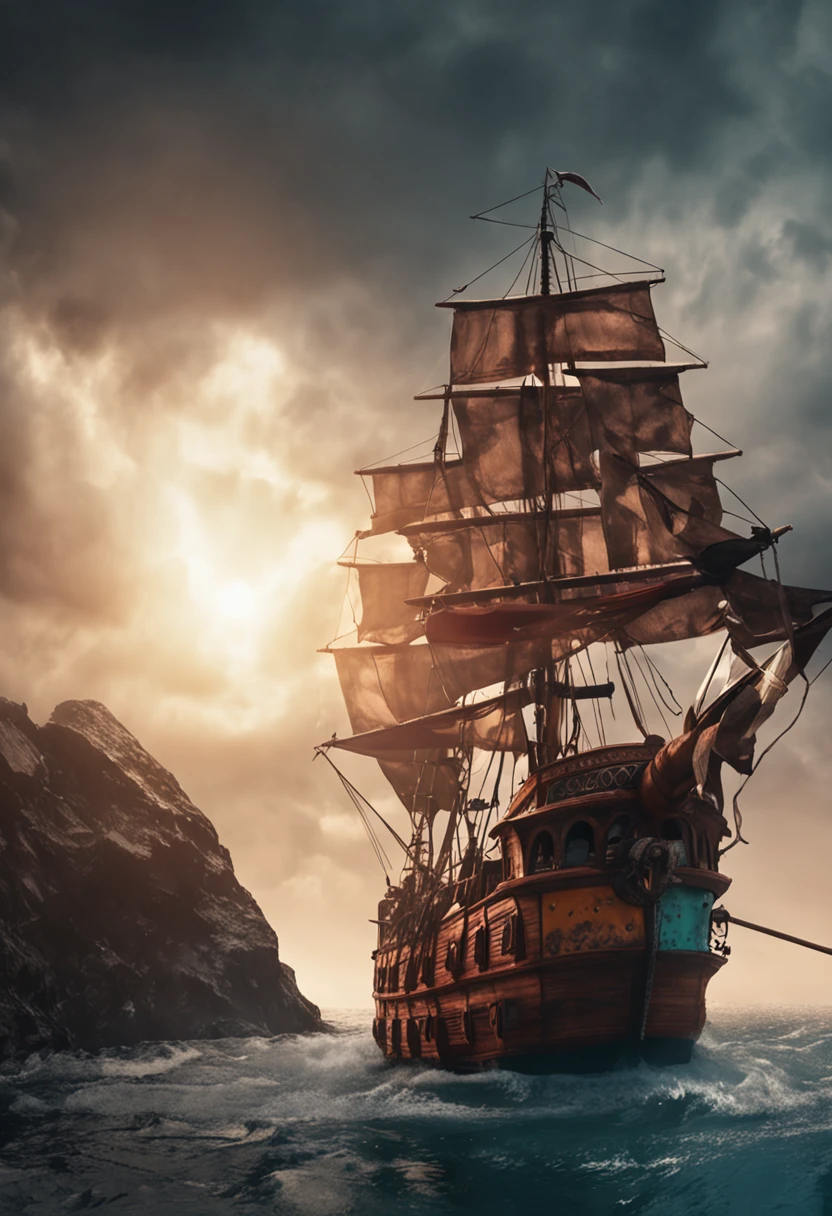 un barco, con bandera pirata, Sailing in a sea of fantastic creatures, en medio de una tempestad, 4k, iluminacion de sobras y luces, fotografia