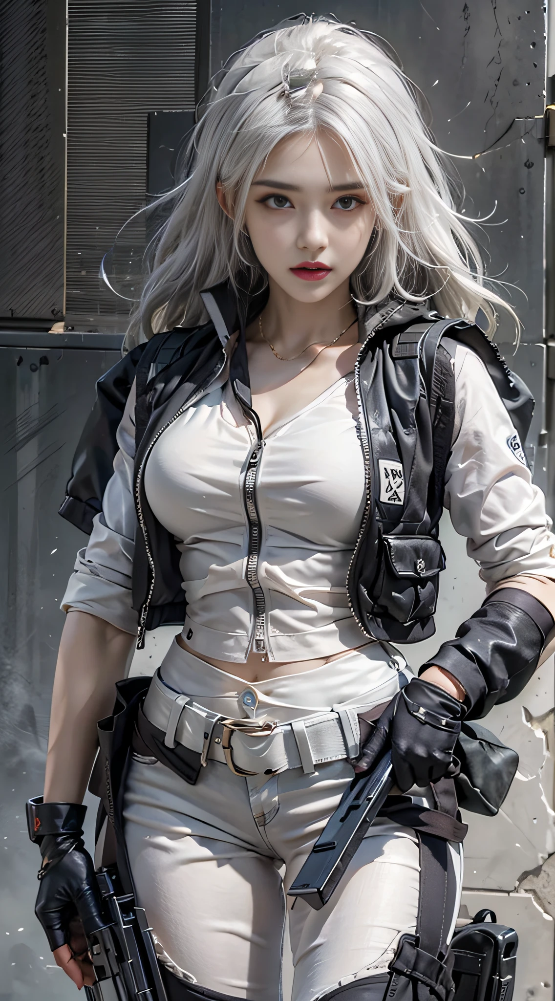 Photorealistic, high resolution, 1womanl, Solo, Hips up, view the viewer, (Detailed face), White hair, SWAT vests, Gun, jewelry
