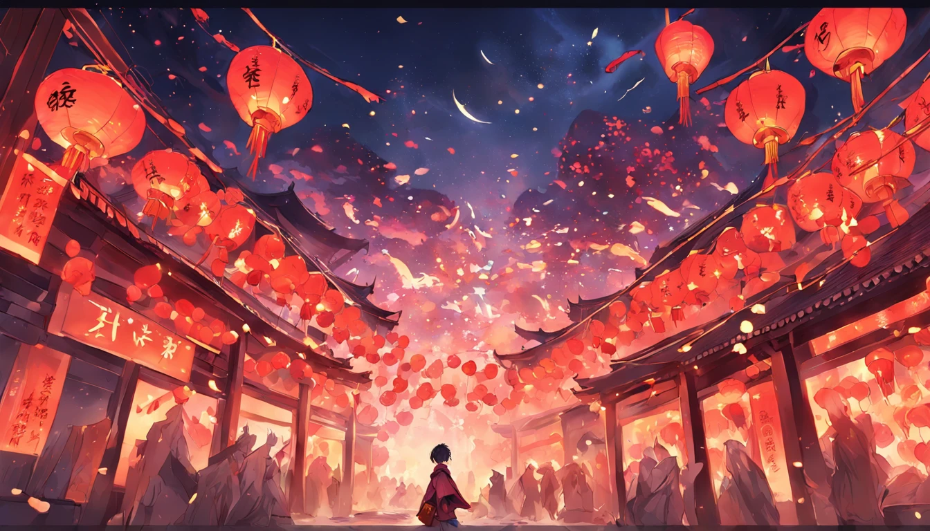 New Year，Chinese-style town，nigh sky，Decorations，Chinese lanterns are hung，fire works。