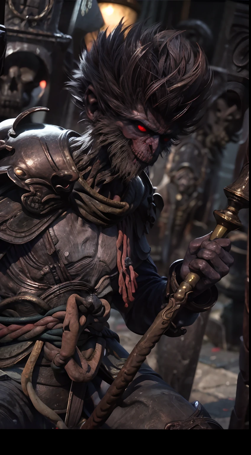 （terroral，Thriller a high resolution, super-fine）, （Sharp-billed monkey gills）, Tour of the Dark West，pan（((Red glowing eyes))）, evil look, Clear facial features, （Golden Hoop Curse）,A long golden stick was held in his hand, to grin, Monkey teeth exposed, , The red scarf sways in the wind，Monkey King's face, Shoulder armor youkai skeleton decoration, 火焰, Yokai behind you, Kingly temperament, , eletric, The light is delicate, tmasterpiece, ultra - detailed, Epic composition, Super HD, high qulity, HighestQuali, 32K, grin, Fangs 8k， RAW photos：1.2）， 超高分辨率， Dramatic angles， （fluttering detail color splash），  ，   （to emphasize），  （Splash color）， Splash color， （（（a color））），（Denoising：0.6）， [Splash ink]， （（ink refraction））， {Dark detailed sky）， （tmasterpiece，The is very detailed） ， tmasterpiece， ultra - detailed）， ，A mysterious black fog pervades，A majestic ancient temple，Lanterns hang high，A blood-stained battlefield，Dilapidated buildings，glazed tiles，BUDDHA STATUE，joist，Luzes Realistas，Abyssal scene，A picture of high quality、A magnificent masterpiece。--V6