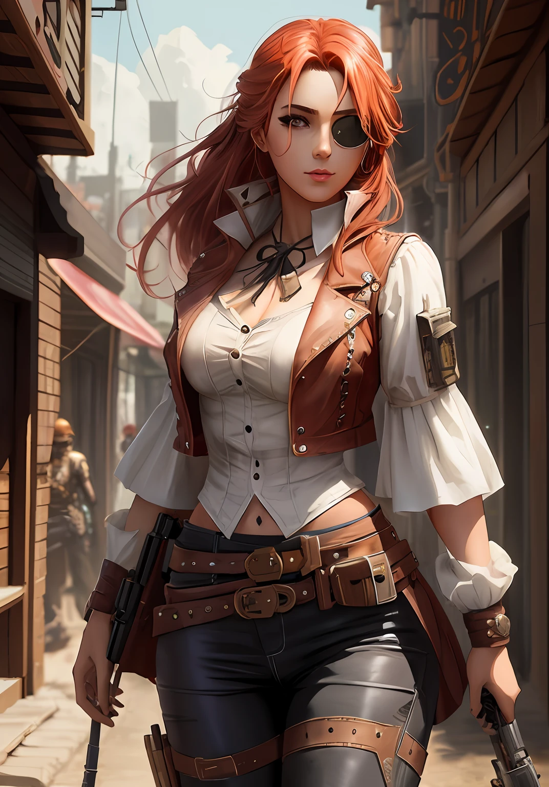 Mulher com uma arma e uma arma em uma cidade do oeste, cyberpunk oeste selvagem, arte de personagem impressionante, steampunk mulher anime bonita, Alexandra Fomina Artstation, estilo de fantasia steampunk, em uma cidade distopia steampunk, deviantart artstation cgscosiety, arte conceitual steampunk, steampunk, Alena Aenami e Artgerm, estilo artgerm