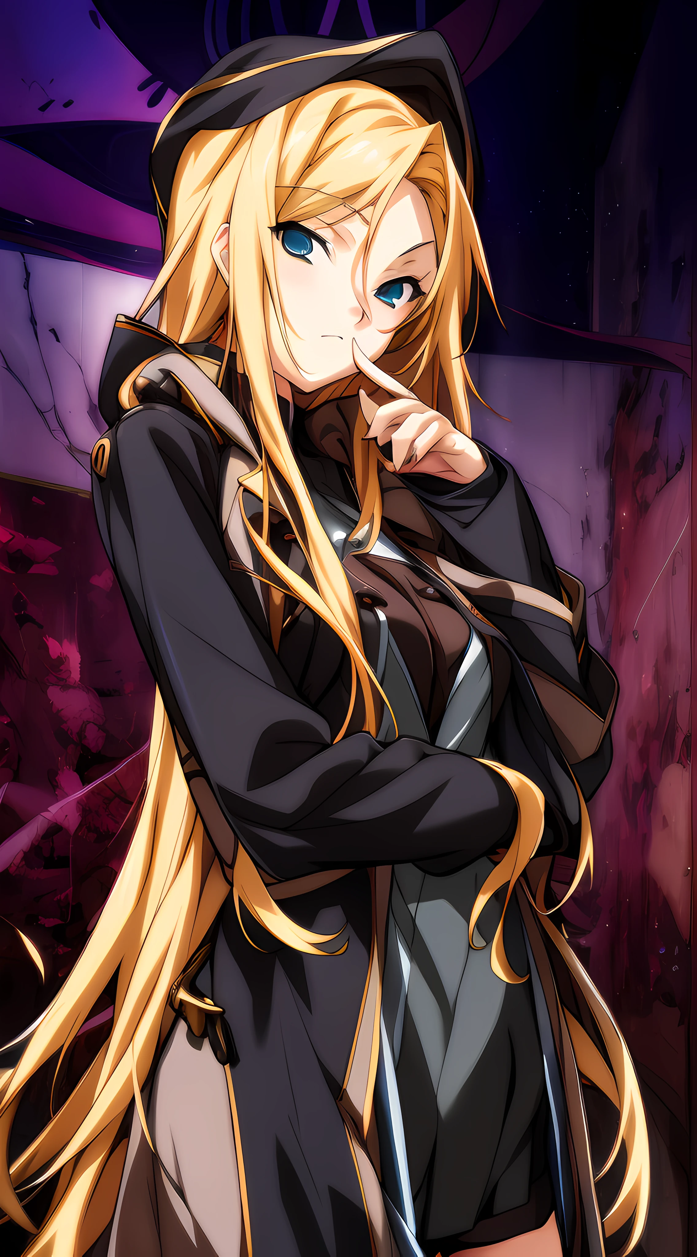 anime girl with long blonde hair and black outfit posing for a picture, alchemist girl, blonde anime girl with long hair, with index finger, key anime art, full protrait, official character art, from baldr sky, female anime character, black trench coat, in a room