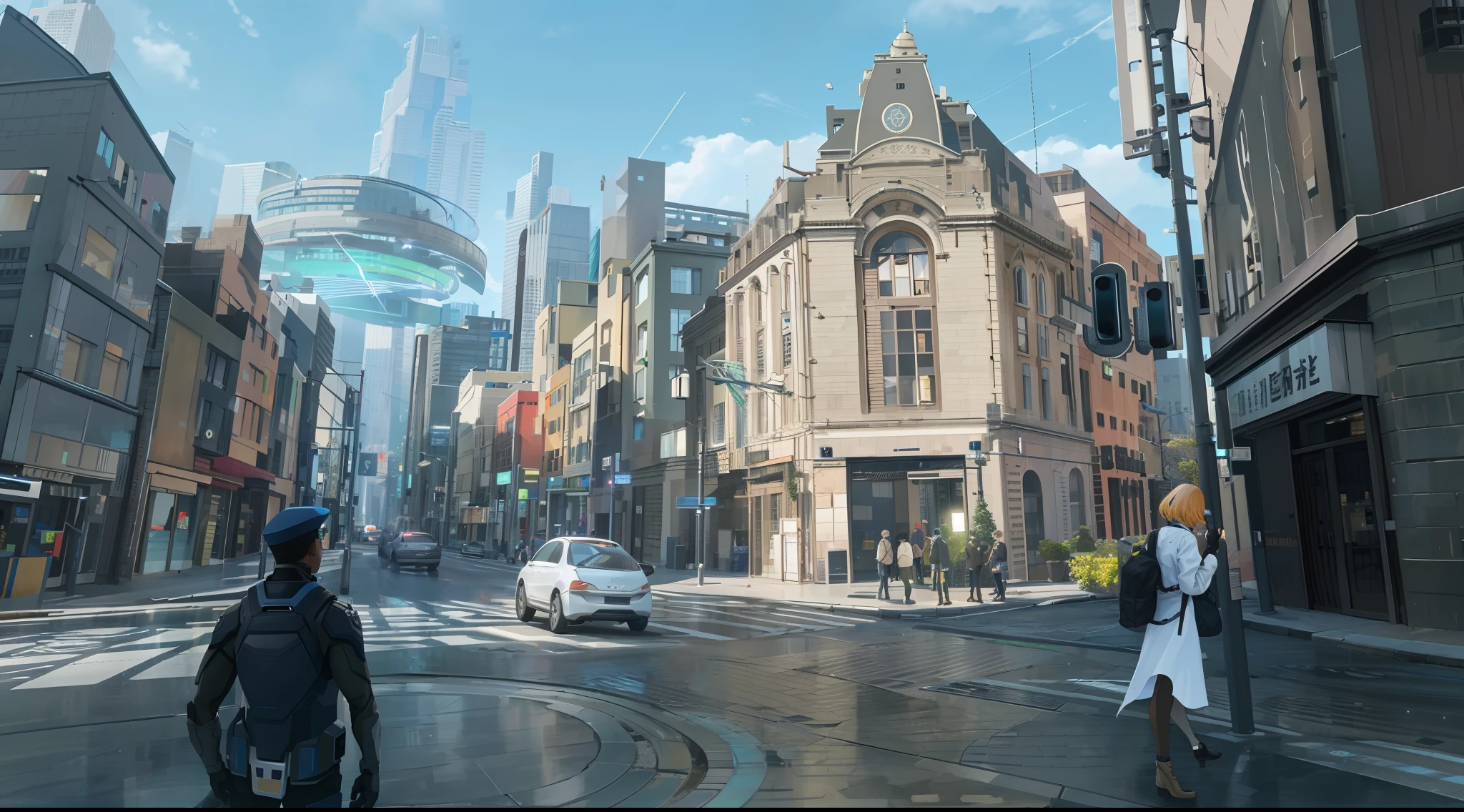 Urban scene，Near-future technology，Build a new city on top of an old city，Iconic buildings，Virtual electronic screen，particle effect，Luxury，high - tech，Thriving streets，Look up at the perspective，The composition is accurate，{{A very tall skyscraper}}，Game scene concept design，Scene atmosphere map，Game scene design，Two-dimensional style，People view