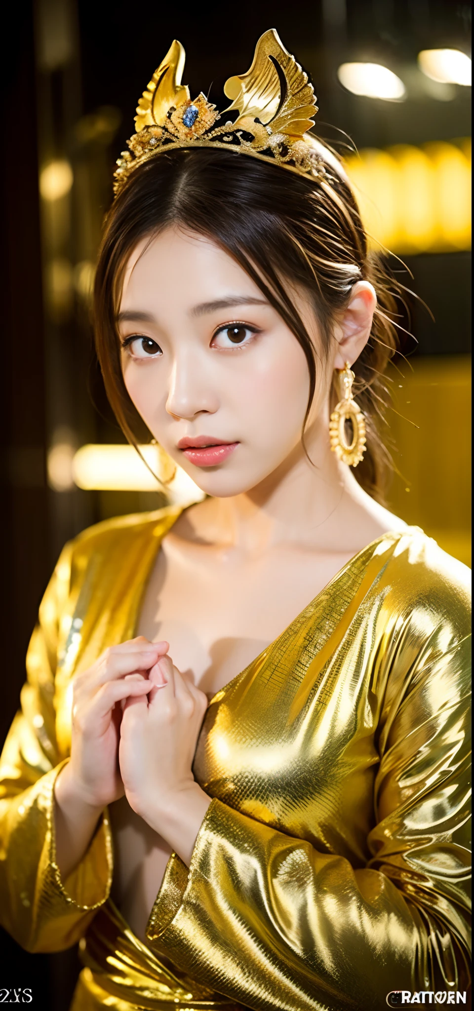 1girl in、top-quality、​masterpiece、超A high resolution、(Photorealsitic:1.4)、Raw photo、Deities々Goddess Sibit、（Face of 15 year old beautiful girl）、Straight long hair、glowy skin、Dramatic、（Golden See-Through Competition Swimwear）、（Golden transparent fluttering robe）、（Golden Buddha Statue）、（Golden Guanyin Bodhisattva Statue）、（（Golden Very Small Tiara））、（Pray）（Standing whole body）、（（delicate finger、Delicate hand））、（delicate paws）、（large full breasts、Clean raised bust）、（Rocket Tits）、（（Golden garter stockings））、（（Golden Ancient Greek Temple））（Golden wall decorated with gold）、（Blur the background）、（One boob is visible、large areola is visible、 to stand）、（Woman Praying）、（Pray with Your Hands Together）、Full body、standingn、Pray with Your Hands Together、goddes、