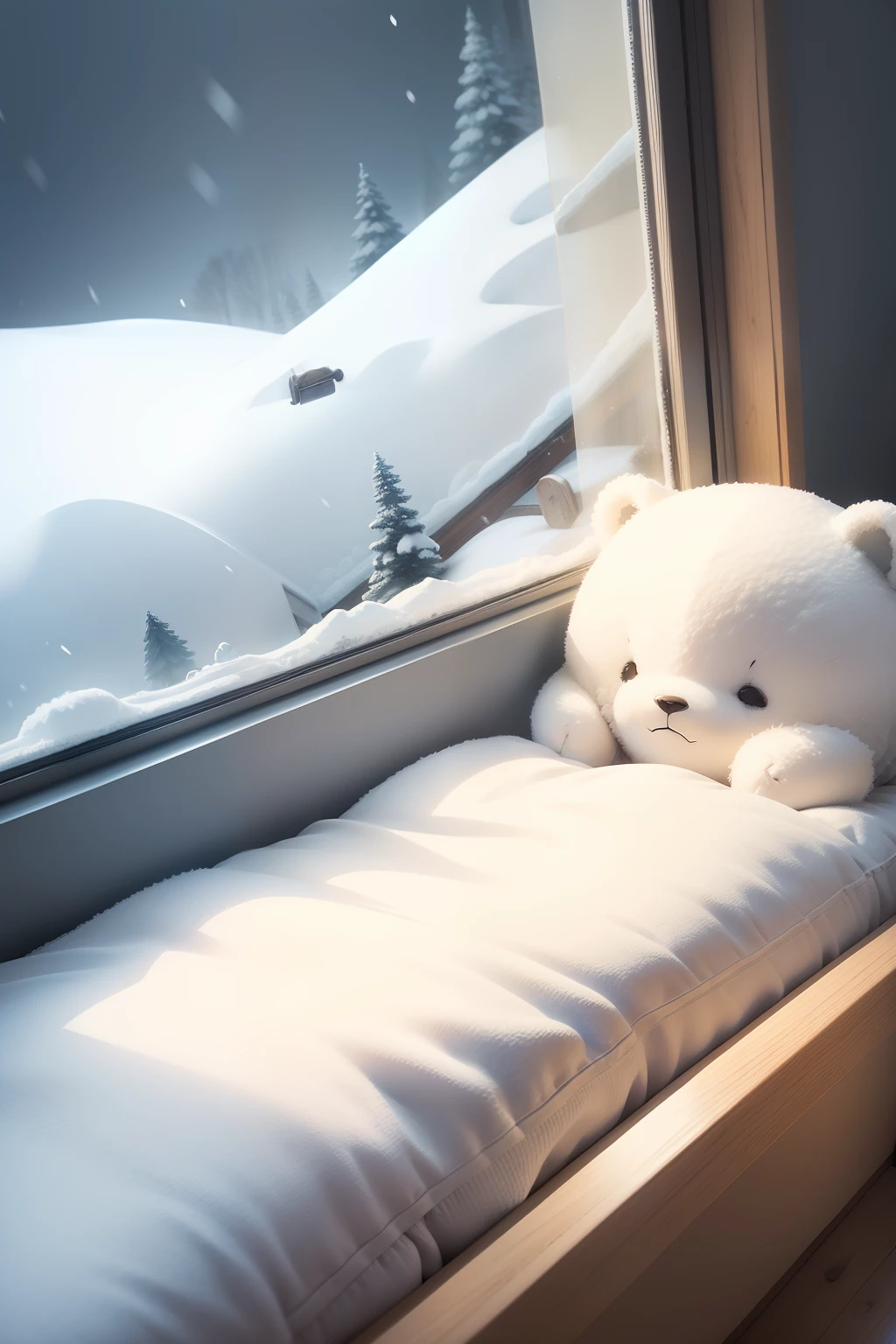 Cute white bear、Ghibli style、Relax in the futon、Sleepy、Simple and relaxing drawing、Snowy landscape outside the window、