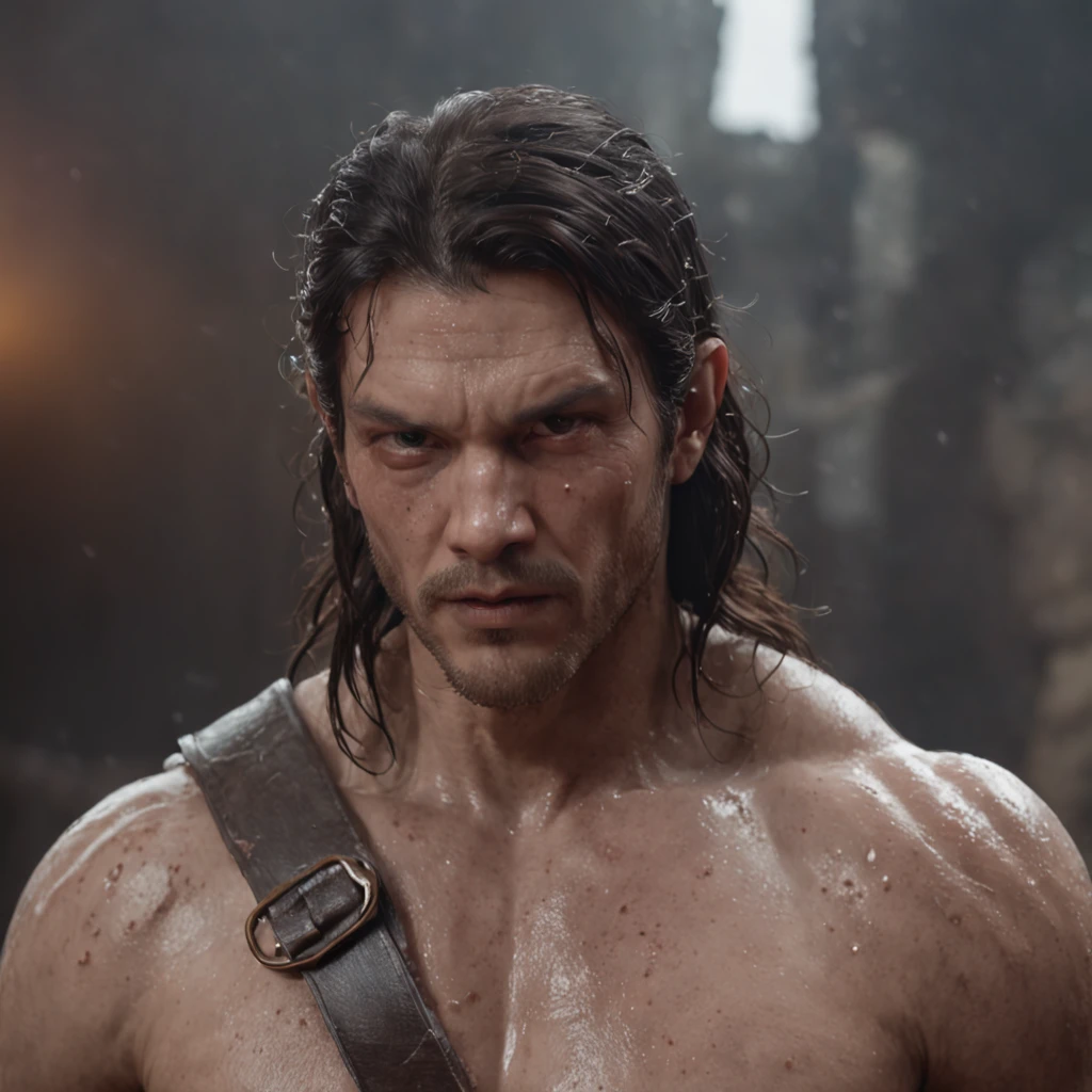 (professional 3d render:1.3) af (Realistic:1.3) The most beautiful artistic photo in the world，Soft function, Bright male hero, ((Epic hero fantasy rough muscular man wet hero angry looks long hair, short beard and fierce expression in dynamic pose, Fantastic location, Majestic and cluttered environment)), Full body 8K unit rendering, action  shot, skin pore, very dark lighting, heavy shading, A detailed, Detal Face, (vibration, Realistic photography, Realistic, Dramatic, darkly, foco nítido, 8K), (Old leather clothing damaged due to bad weather:1.4), ((((Use skins)))), (复杂:1.4), decadent, (highly  detailed:1.4), digitial painting, rendering by octane, art  stations, concept-art, Liso, foco nítido, illustration, From the germ of art, (loish:0.23), wlop ilya kuvshinov, e Greg Rutkowski e Alphonse Mucha Gracias, (global ilumination, studiolight, Light volume), very heavy rain, Floating particles, lotr, fanciful, biz, Inteiroesbian body, ((Dark and ancient city background:1.3)),CGSesocieda,art  stations