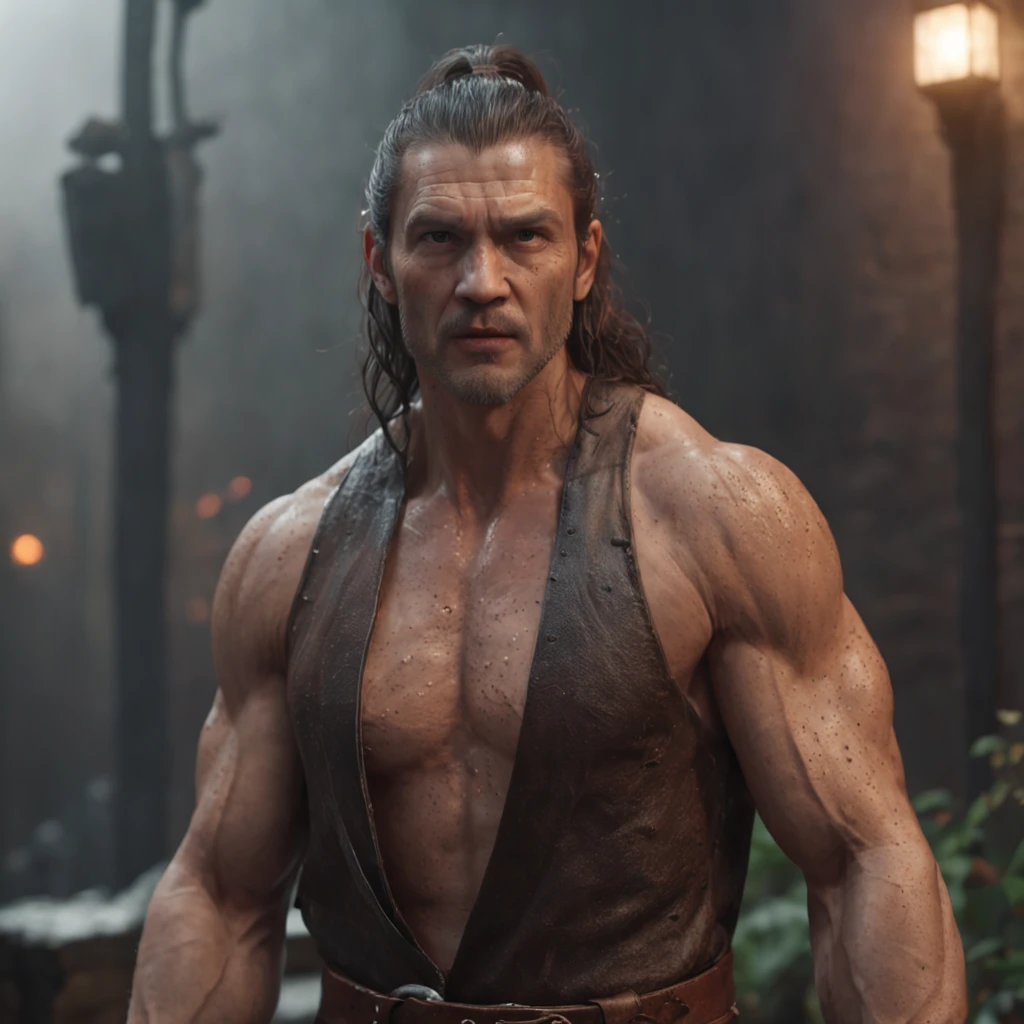 (professional 3d render:1.3) af (Realistic:1.3) The most beautiful artistic photo in the world,Soft function, Bright male hero, ((Epic hero fantasy rough muscular man wet hero angry looks long hair, short beard and fierce expression in dynamic pose, Fantastic location, Majestic and cluttered environment)), Full body 8K unit rendering, action shot, skin pore, very dark lighting, heavy shading, A detailed, Detal Face, (vibration, Realistic photography, Realistic, Dramatic, darkly, foco nítido, 8K), (Old leather clothing damaged due to bad weather:1.4), ((((Use skins)))), (复杂:1.4), decadent, (highly detailed:1.4), digitial painting, rendering by octane, art stations, concept-art, Liso, foco nítido, illustration, From the germ of art, (loish:0.23), wlop ilya kuvshinov, e Greg Rutkowski e Alphonse Mucha Gracias, (global ilumination, studiolight, Light volume), very heavy rain, Floating particles, lotr, fanciful, biz, Inteiroesbian body, ((Dark and ancient city background:1.3)),CGSesocieda,art stations
