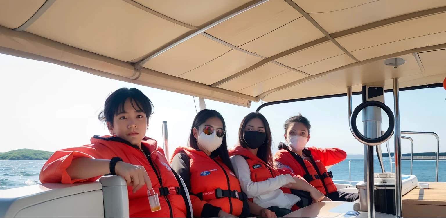 Several people in life jackets were on board,There is a sign on it, On a boat, photograph taken in 2 0 2 0, On the ocean, On the sea, Group photo, on a boat on a lake, 🕹️ 😎 🔫 🤖 🚬, Photo Hot, taken in 2 0 2 0, 🦩🪐🐞👩🏻🦳