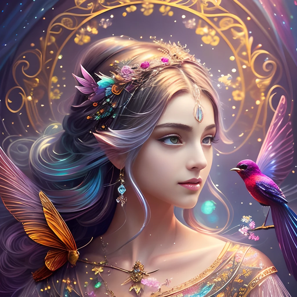 (((masterpiece))), (((best quality))), ((ultra-detailed)),(highly detailed CG illustration), ((an extremely delicate and beautiful)),cinematic light, Create a stunning fantasy artwork that mimics the style of currently trending masters of the genre. The art piece should contain elements of both mythic fantasy and fairytale fantasy with colorful accents. The character in the artwork is a delicate but strong figure with an aura of mystery and magic. The character should be petite with subtle breasts. Pay close attention to intricate facial features, such as mesmerizing eyes with vibrant colors and delicate shading. The character's clothing should be designed with gossamer feathers, silk, stunning embroidery, and subtle iridescent details. Incorporate vibrant colors, dynamic lighting, and detailed background elements to create a sense of awe and immersion. Include colorful flying magical birds and jewel-toned butterflies radiating a magical aura. Consider the latest trends in fantasy art, such as incorporating unique lighting effects, exploring dynamic and compelling composition techniques, and experimenting with unique color palettes. Take inspiration from the top artists on ArtStation and Midjourney. Camera: Choose an angle that highlights the character's beauty and enhances the magical majesty of the artwork. Lighting: Utilize atmospheric lighting techniques to create depth and mood. Resolution: Aim for a high-resolution artwork to showcase intricate details and clarity. Art Inspirations: Seek inspiration from the trending artists on ArtStation, exploring different styles, genres, and themes.